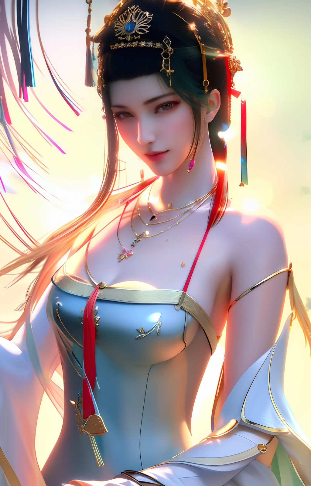 best quality, masterpiece, high_res, 1girl, hair ornament, necklace, jewelry, Beautiful face, tyndall effect, photo realistic, rim lighting, two tone lighting, (high detailed skin:1.2), 8k uhd, dslr, soft lighting, high quality, volumetric lighting, candid, Photograph, high resolution, 4k, 8k, Bokeh, medium breasts, absurdres,