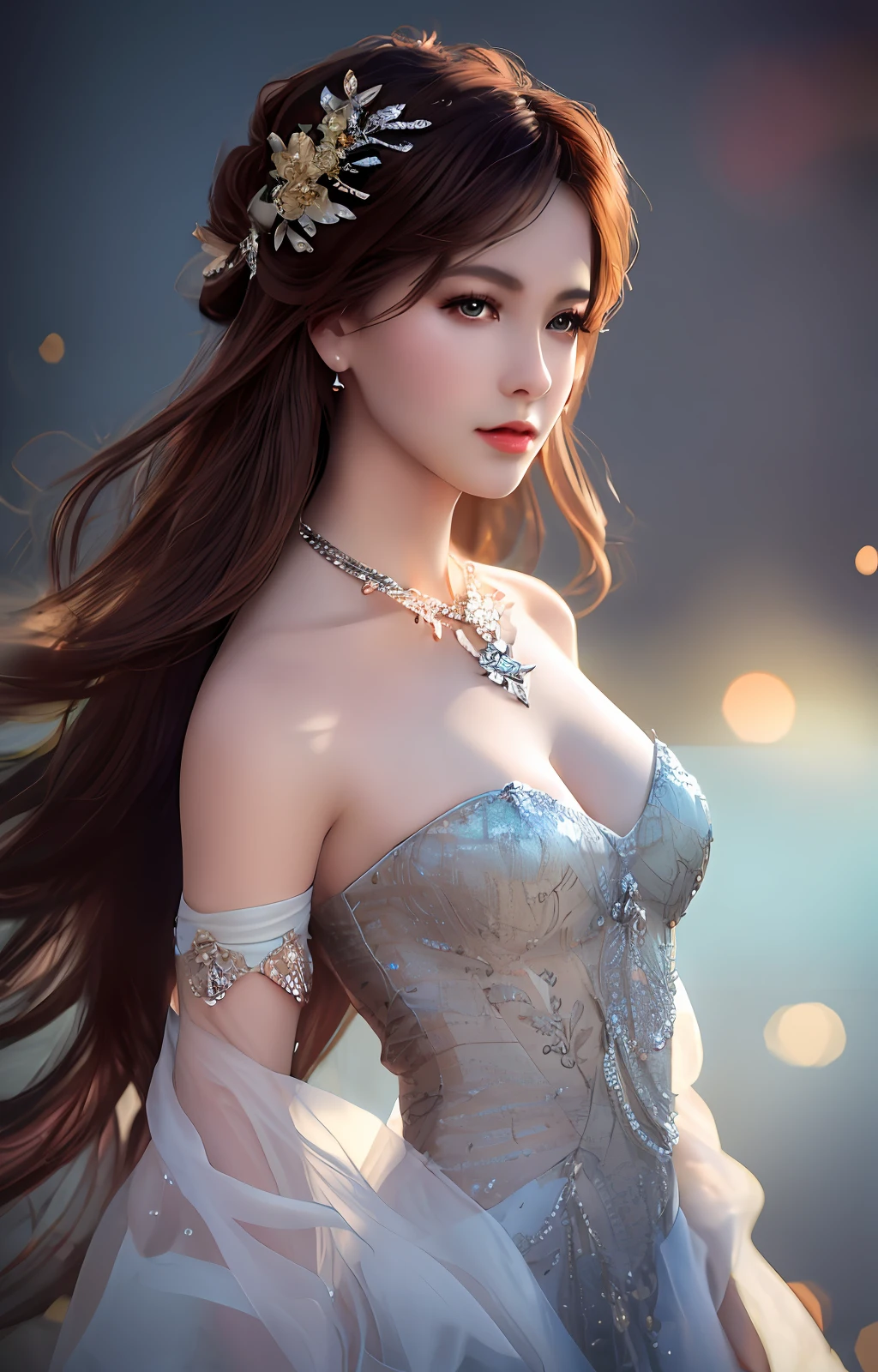 best quality, masterpiece, high_res, 1girl, hair ornament, necklace, jewelry, Beautiful face, tyndall effect, photo realistic, rim lighting, two tone lighting, (high detailed skin:1.2), 8k uhd, dslr, soft lighting, high quality, volumetric lighting, candid, Photograph, high resolution, 4k, 8k, Bokeh, medium breasts, absurdres,