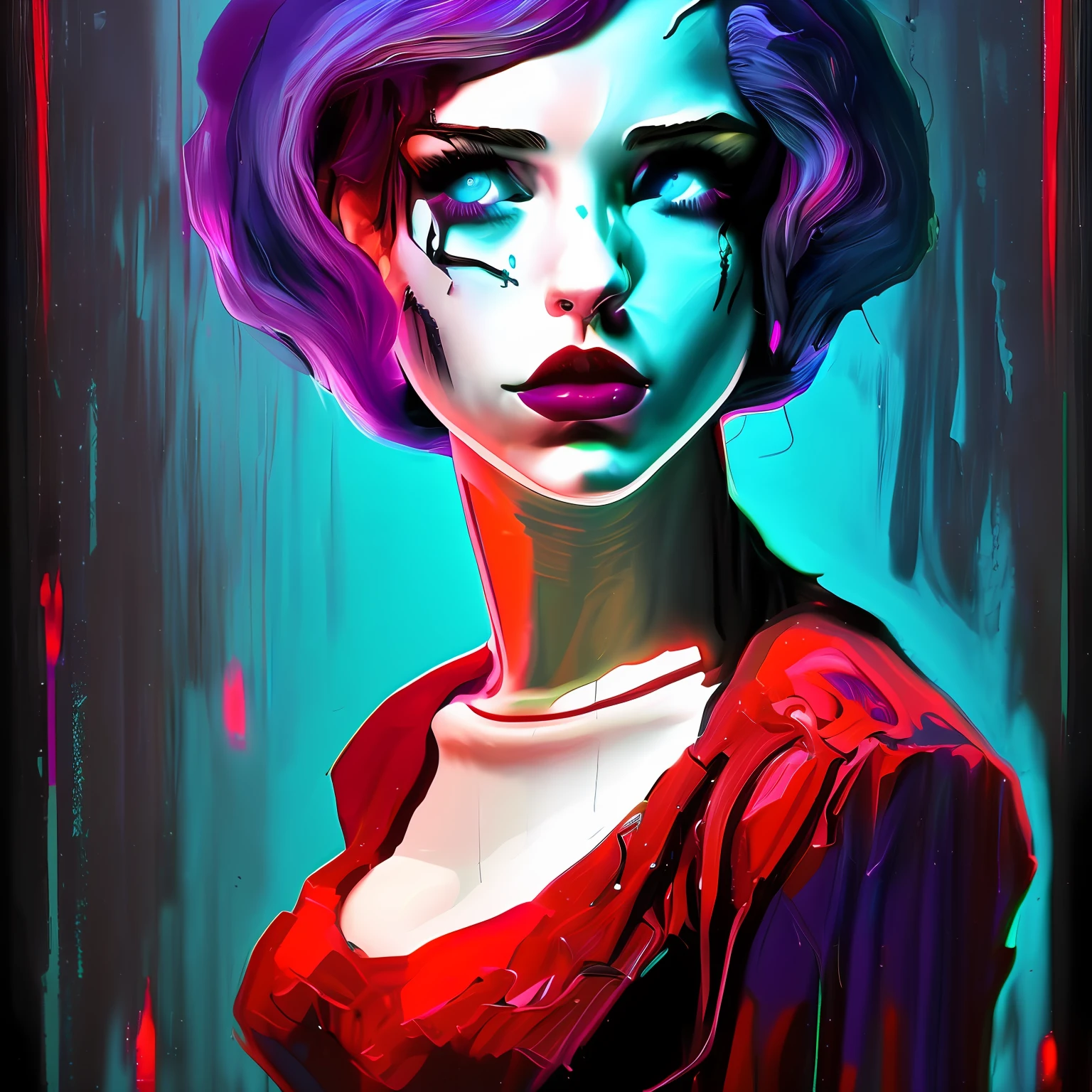 "(Best quality, masterpiece, extremely detailed), ((1 person:1) with purple hair:1.3, red lipstick and blue eyes) in a dynamic pose under fluorescent lighting creates a "DarknessEighties:1" atmosphere."
