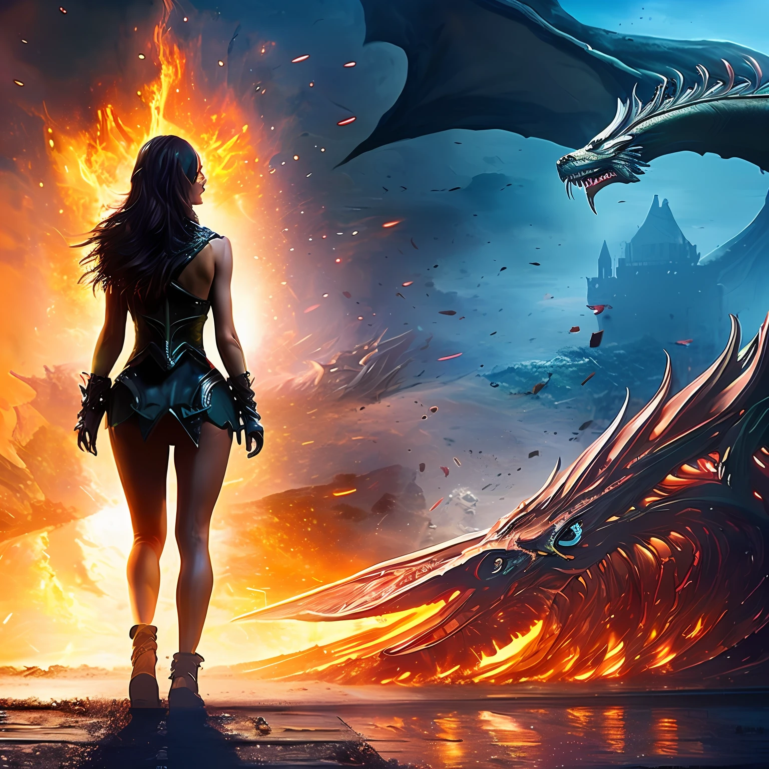 [FusionpunkReactor:DarknessEighties:45], ((Meisterwerk)), (beste Qualität), (extrem detailliert),An emotional, dramatic scene of a dragon breathing fire and a goddess with her navel wearing light armor So short, just covering her pubic zones made of dragon scales , Hals, and Schenkel perfectly proportioned,  ,her curves and face and features perfectly proportioned.illuminated by a soft, darkness fear and flames,fireethereal light.