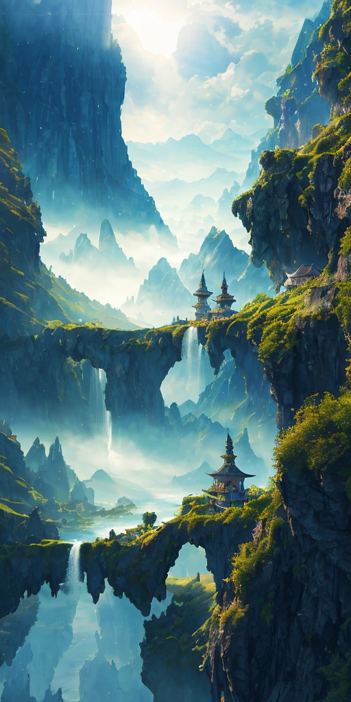 idyllic temple city embedded in the mountains in the style of anime, realistic