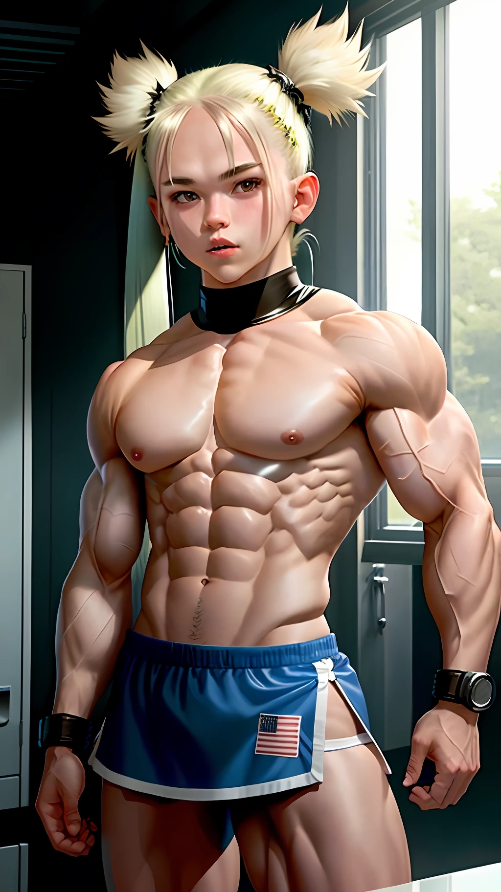 slim ultra violent muscular femboy topless wear mini skirt,giga exagerated shoulders,twintail hair,revealing clothes,double biceps flexing