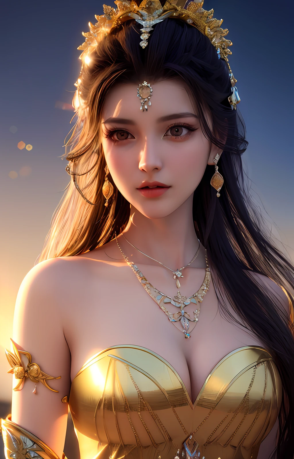 best quality, masterpiece, high_res, 1girl, hair ornament, necklace, jewelry, Beautiful face, tyndall effect, photo realistic, rim lighting, two tone lighting, (high detailed skin:1.2), 8k uhd, dslr, soft lighting, high quality, volumetric lighting, candid, Photograph, high resolution, 4k, 8k, Bokeh, medium breasts, absurdres,