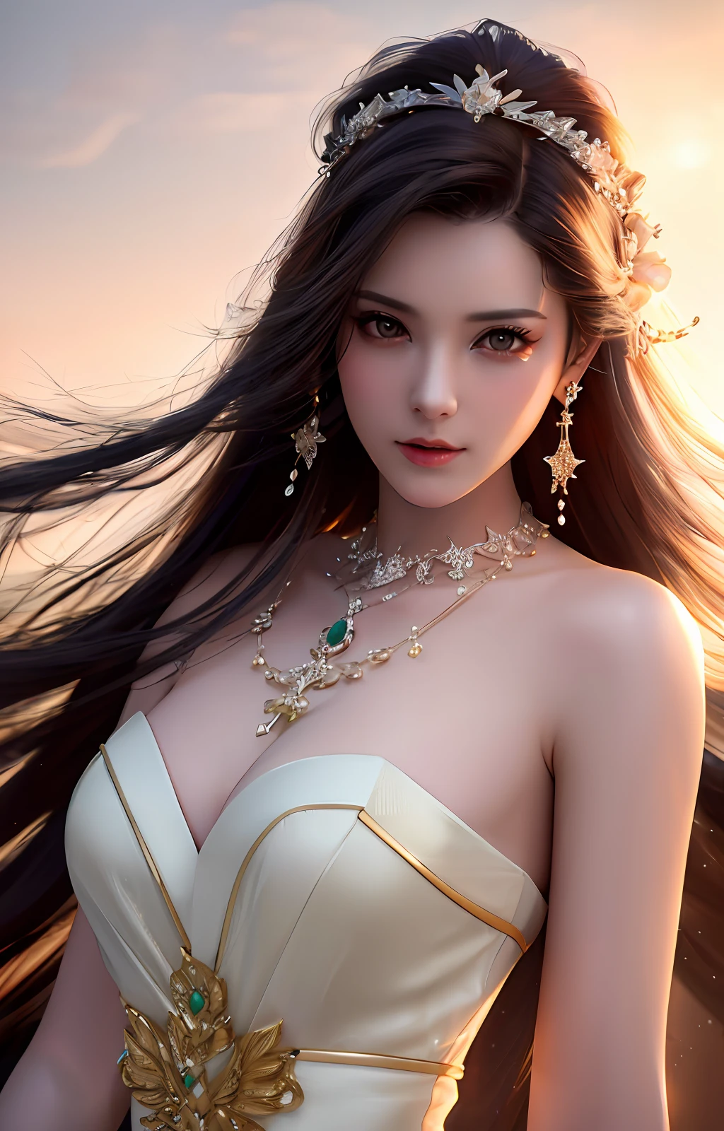 best quality, masterpiece, high_res, 1girl, hair ornament, necklace, jewelry, Beautiful face, tyndall effect, photo realistic, rim lighting, two tone lighting, (high detailed skin:1.2), 8k uhd, dslr, soft lighting, high quality, volumetric lighting, candid, Photograph, high resolution, 4k, 8k, Bokeh, medium breasts, absurdres,
