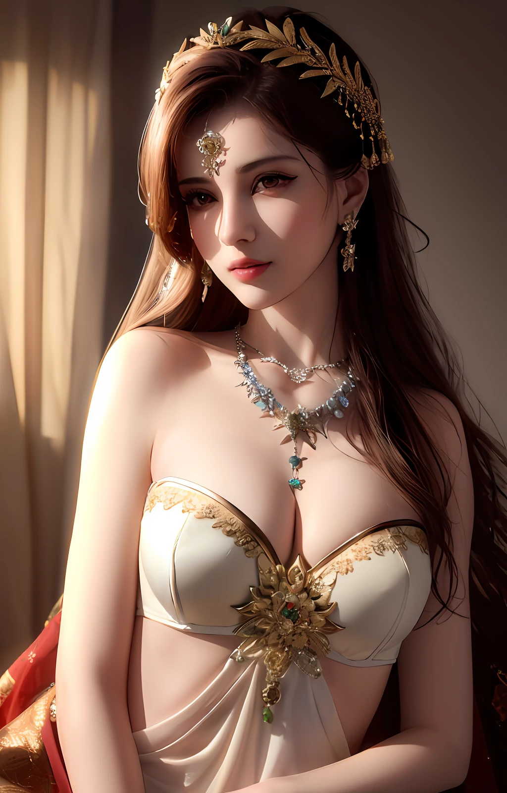 best quality, masterpiece, high_res, 1girl, hair ornament, necklace, jewelry, Beautiful face, tyndall effect, photo realistic, rim lighting, two tone lighting, (high detailed skin:1.2), 8k uhd, dslr, soft lighting, high quality, volumetric lighting, candid, Photograph, high resolution, 4k, 8k, Bokeh, medium breasts, breasts out, absurdres,