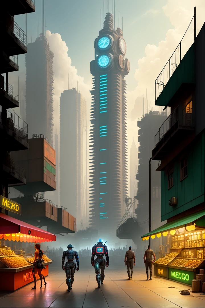 Mexico concept art, Alberto Mielgo concept art, dieselpunk city, cyberpunk, steps, tiles, earth, market, machines, vibrant colors
