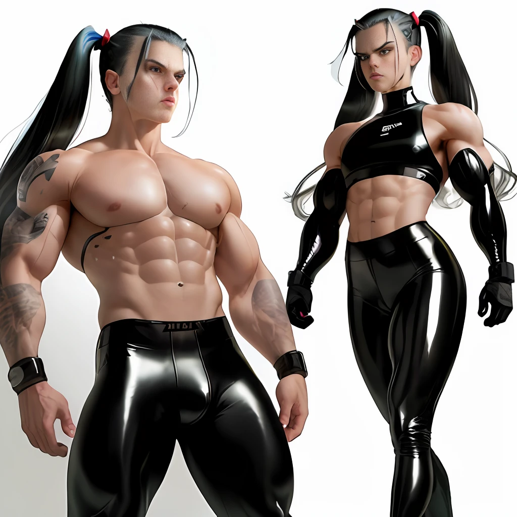 angry lovely slim ultra violent muscular femboy, topless, wearing latex legging, with big gigantic shoulders muscles:10, twintail hair, revealing clothes, double bicep flex,big bulge