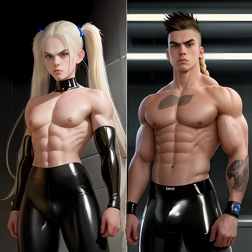 angry lovely slim ultra violent muscular femboy, topless, wearing latex legging, with big gigantic shoulders muscles:10, twintail hair, revealing clothes, double bicep flex,big bulge