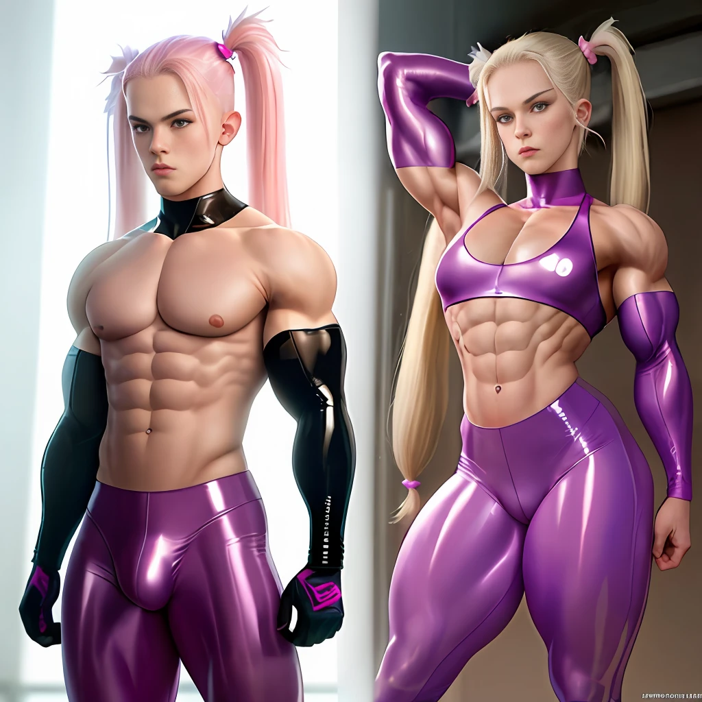lovely slim ultra violent muscular femboy, topless, wearing pinky latex legging, with big gigantic shoulders muscles:10, twintail hair, revealing clothes, double bicep flex,big futa bulge