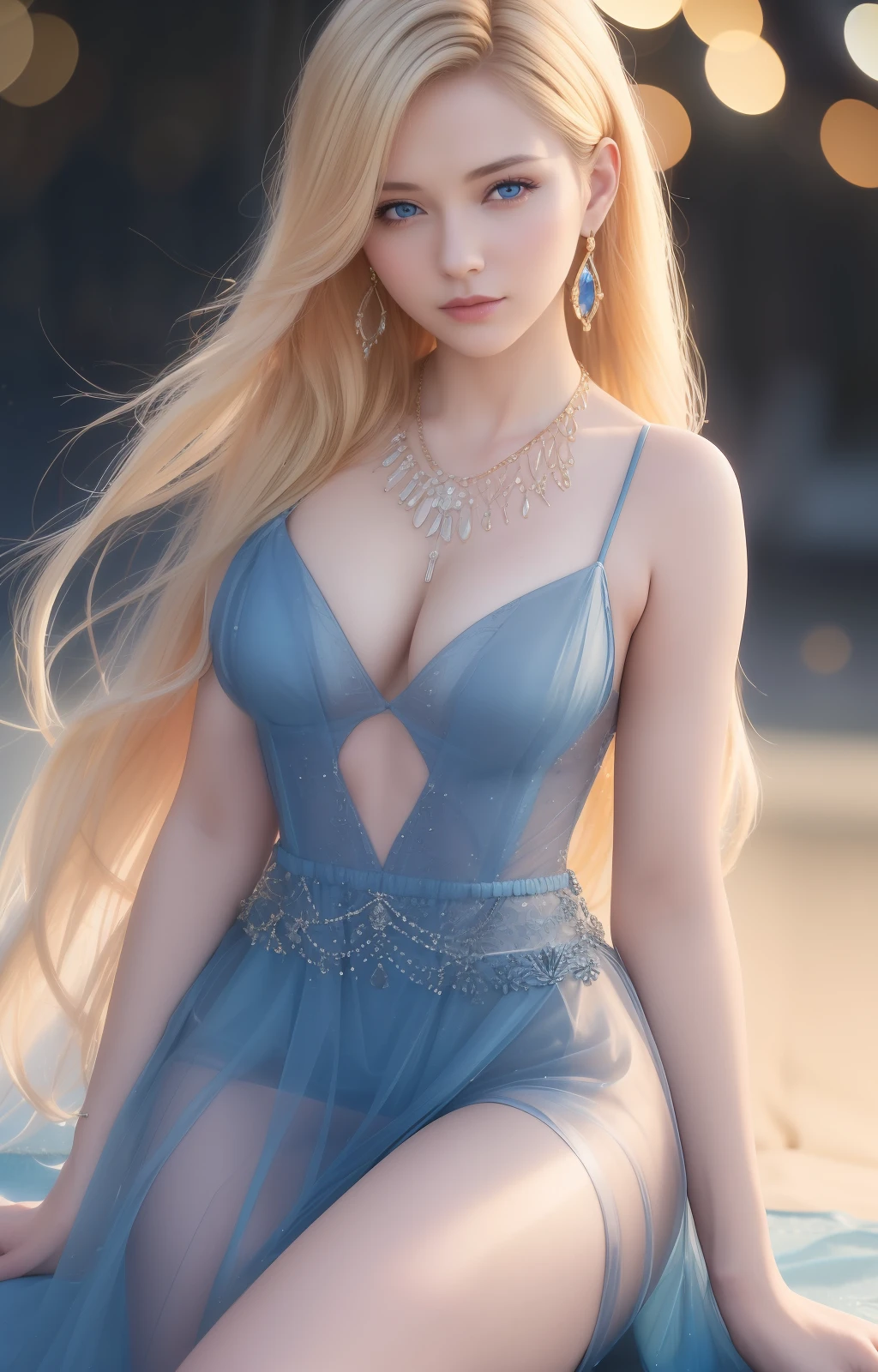 best quality, masterpiece, high_res, 1girl, hair ornament, necklace, jewelry, Beautiful face, tyndall effect, photo realistic, rim lighting, two tone lighting, (high detailed skin:1.2), 8k uhd, dslr, soft lighting, high quality, volumetric lighting, candid, Photograph, high resolution, 4k, 8k, Bokeh, medium breasts, absurdres, blonde hair color, view of the body from head to knees, blue eyes, see-through dress,
