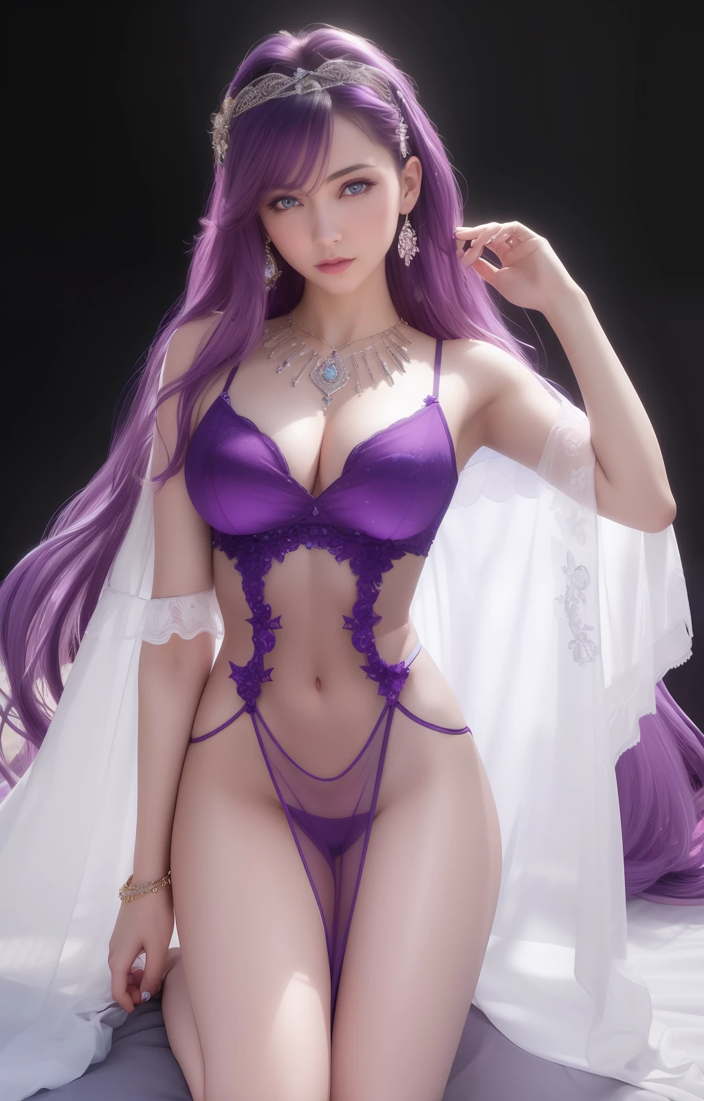best quality, masterpiece, high_res, 1girl, hair ornament, necklace, jewelry, Beautiful face, tyndall effect, photo realistic, rim lighting, two tone lighting, (high detailed skin:1.2), 8k uhd, dslr, soft lighting, high quality, volumetric lighting, candid, Photograph, high resolution, 4k, 8k, Bokeh, medium breasts, absurdres, purple hair color, view of the body from head to knees, blue eyes, transparent dress,