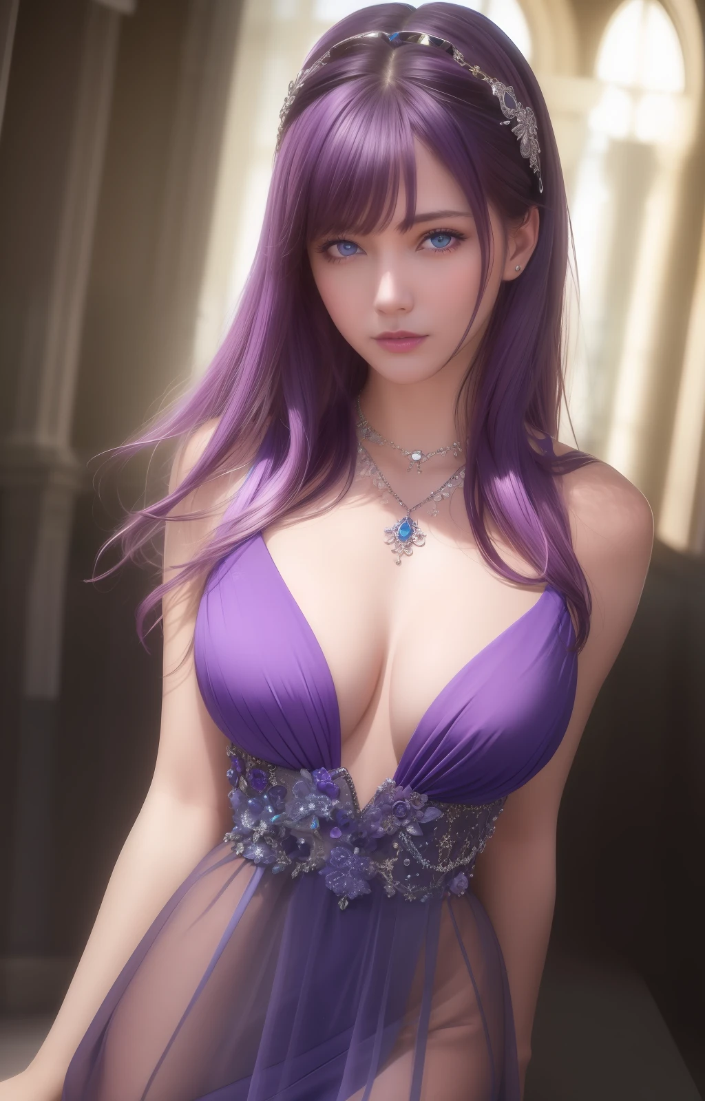 best quality, masterpiece, high_res, 1girl, hair ornament, necklace, jewelry, Beautiful face, tyndall effect, photo realistic, rim lighting, two tone lighting, (high detailed skin:1.2), 8k uhd, dslr, soft lighting, high quality, volumetric lighting, candid, Photograph, high resolution, 4k, 8k, Bokeh, medium breasts, absurdres, purple hair color, view of the body from head to knees, blue eyes, transparent dress,