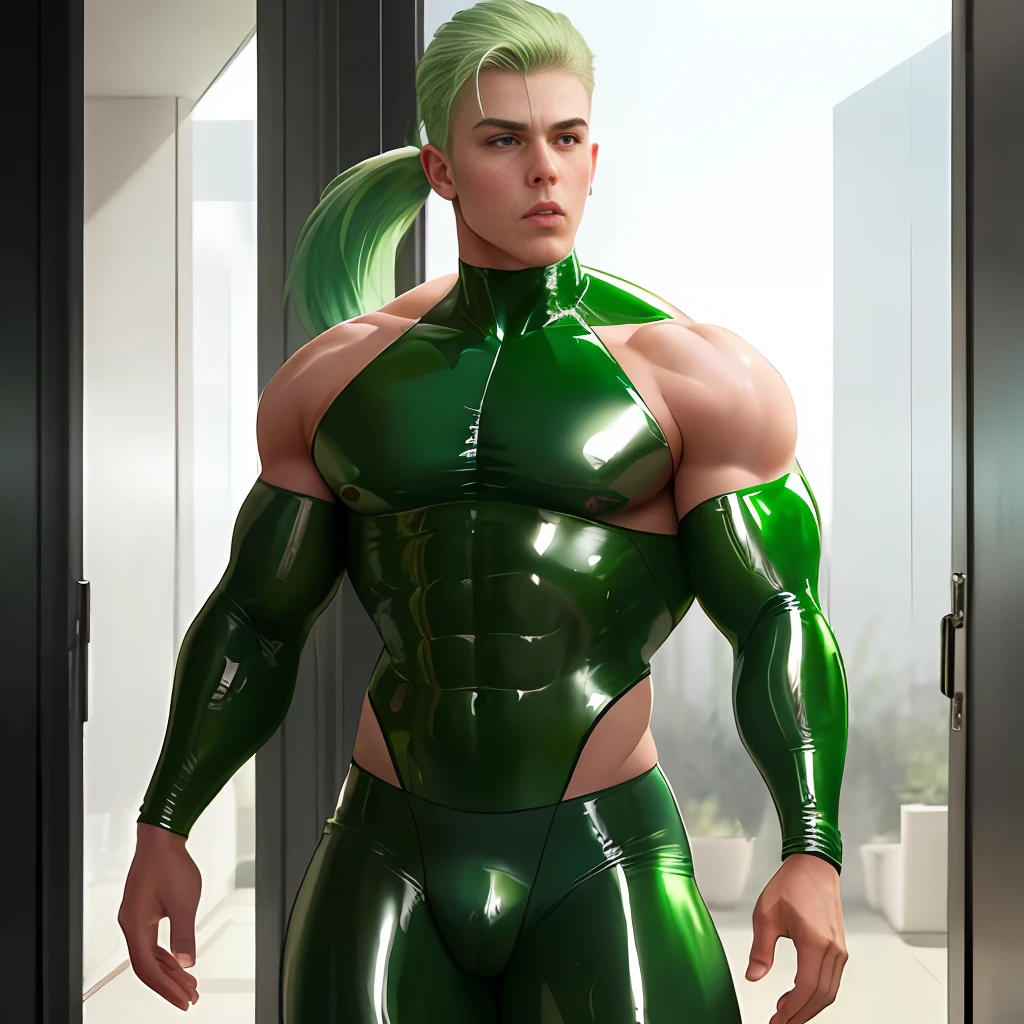 lovely slim ultra violent muscular femboy, topless, wearing green latex legging, fat bulge , with big gigantic shoulders muscles:100, pony tail haircut, revealing clothes, with slim girl