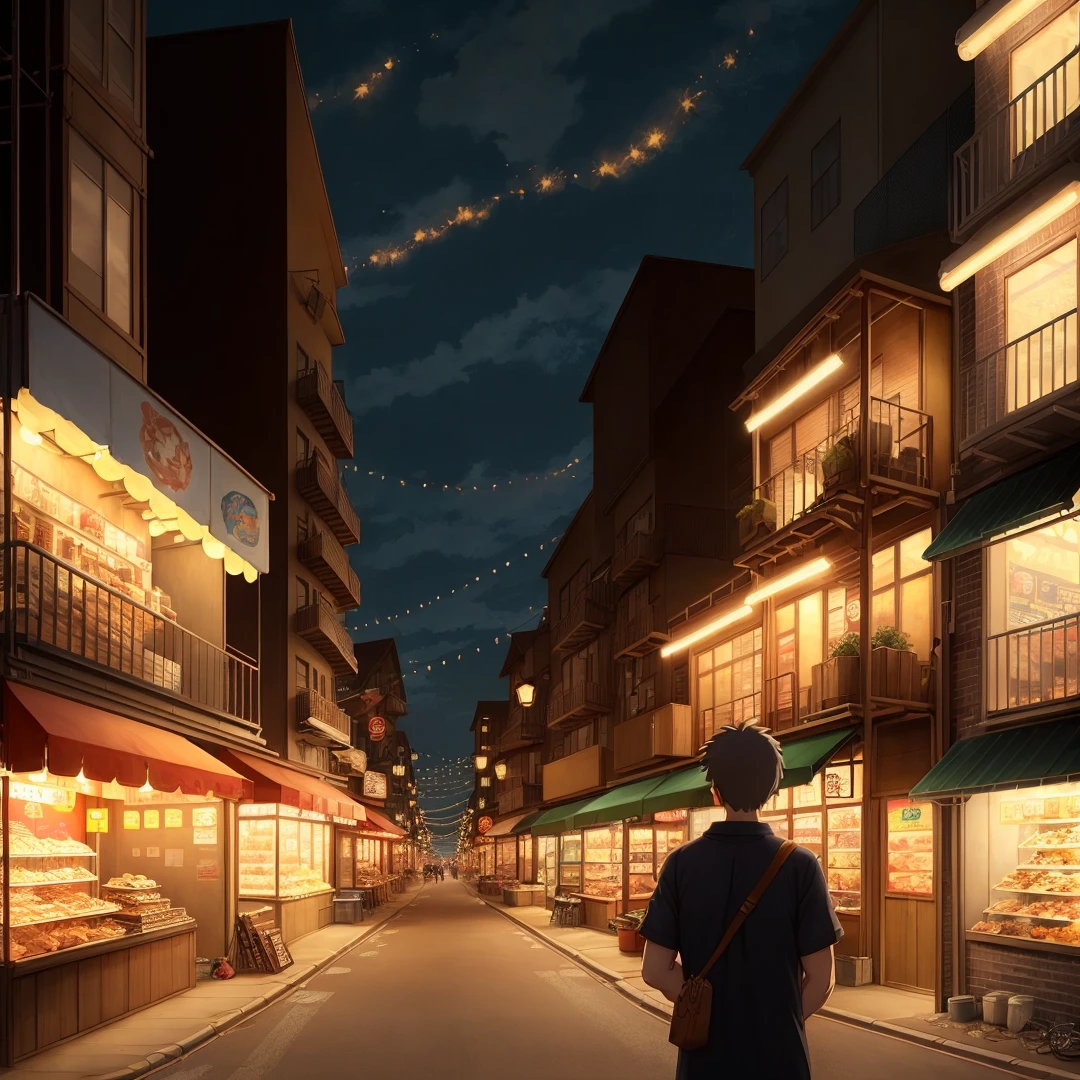 semi-urban town with shops and street lamps with fire escapes and food stalls in anime style, realistic