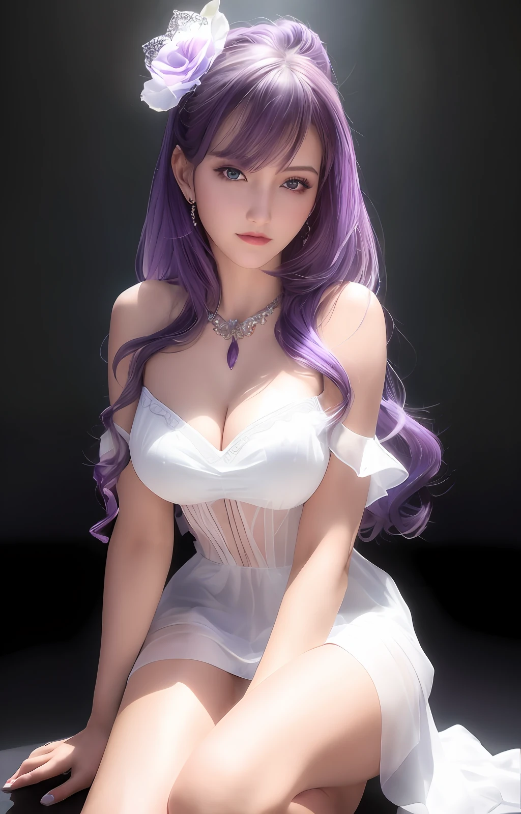 best quality, masterpiece, high_res, 1girl, hair ornament, necklace, jewelry, Beautiful face, tyndall effect, photo realistic, rim lighting, two tone lighting, (high detailed skin:1.2), 8k uhd, dslr, soft lighting, high quality, volumetric lighting, candid, Photograph, high resolution, 4k, 8k, Bokeh, medium breasts, absurdres, purple hair color, view of the body from head to knees, blue eyes, transparent white dress,