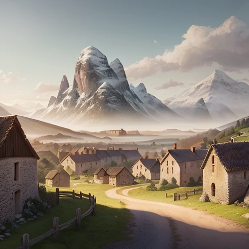 a view of a village in the countryside with mountains in the background, realistic photo of a village, inspired by Martin Deschambault, distant village background, flat matte painting, medieval french landscape, dreamy matte painting, photorealistic landscape, distant village landscape, martin raphael lacoste, rural town scene, illustration matte painting, southern european landscape