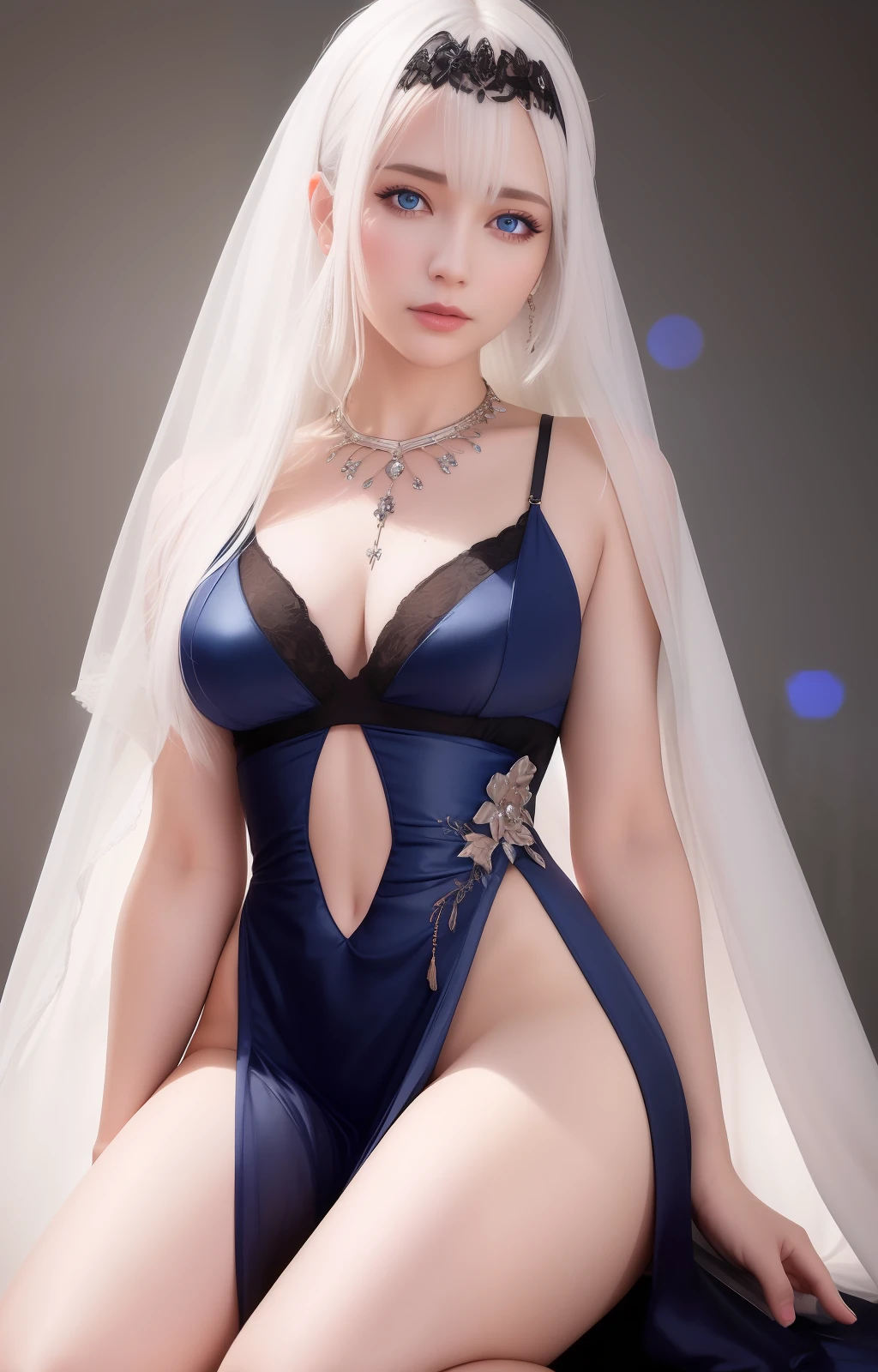 best quality, masterpiece, high_res, 1girl, hair ornament, necklace, jewelry, Beautiful face, tyndall effect, photo realistic, rim lighting, two tone lighting, (high detailed skin:1.2), 8k uhd, dslr, soft lighting, high quality, volumetric lighting, candid, Photograph, high resolution, 4k, 8k, Bokeh, medium breasts, absurdres, white hair color, view of the body from head to knees, blue eyes, transparent black dress, (Rosy Zhao:0.8),