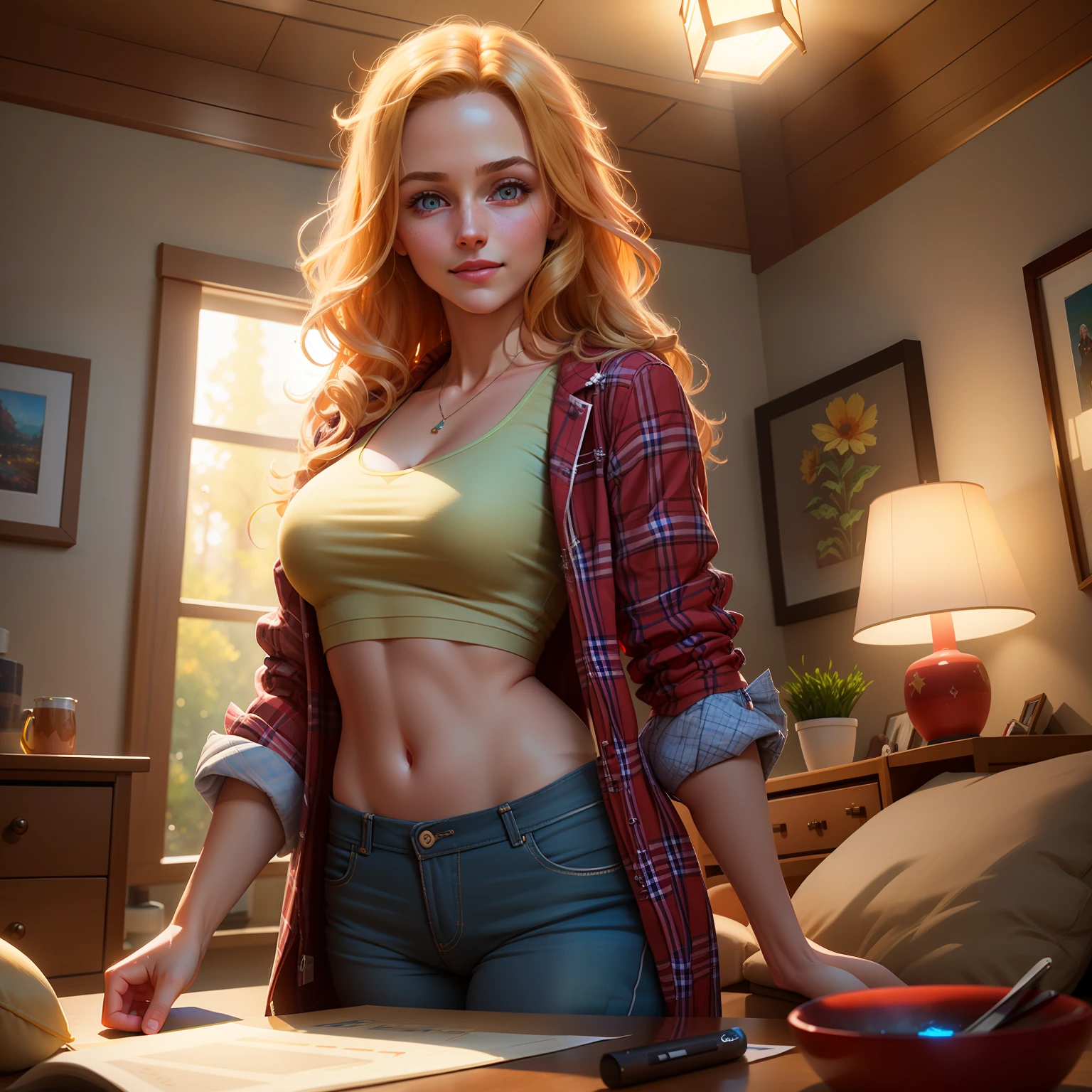 Highly detailed RAW color Photo, beautiful young girl in long checkered red pajamas, dynamic pose, (wide hips), (detailed skin), (detailed lips), (detailed eyes), (home:1.4), (bedroom:1.1), (home setting) (detailed face), blonde, (curvy), midriff exposed, (smirking:1.5), long jacket, detailed eyes, chromatic aberration, depth of field, soft lighting, masterpiece, best quality, intricate, (lens flare:0.7), (bloom:0.7), (from_below:1.2), low angle, particle effects, raytracing, tone mapped, highly detailed, concept art, smooth, sharp focus, dramatic lighting, highly detailed artwork, cinematic, hyper realistic painting, trending on Artstation, 8K, incredible shadows, realistic, (highly detailed background:1.2), art by midjourney