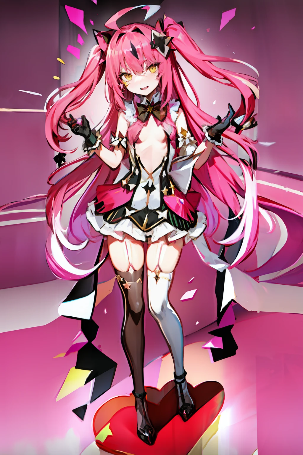 dstomoca, pink hair, very long hair, two side up, yellow eyes, small breasts, star hair ornament, hair bow, dress, bowtie, gloves, center cutout, single thighhigh