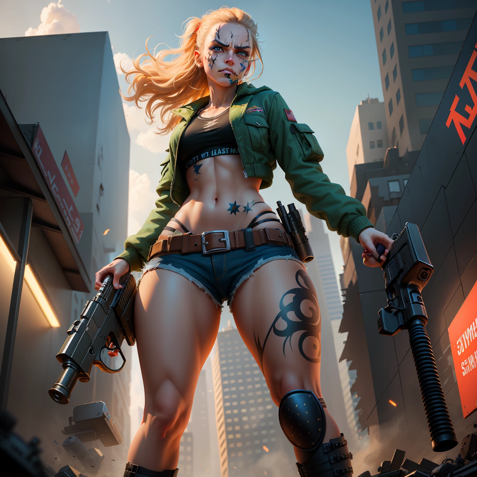 Highly detailed RAW color Photo, beautiful young solider girl, (wide hips), (detailed skin), (detailed lips), (detailed eyes), (city:1.4), smoke, (destroyed city setting) (detailed face), blonde, (curvy), (angry:1.5), scars, gun, pointing gun to viewer, damaged clothes, midriff exposed, (smirking:1.5), detailed eyes, chromatic aberration, depth of field, soft lighting, holding a gun in her hand and pointing it at the camera, holding a gun, holding gun, holding gun down, shooting pose, brandishing a gun, shooting a gun, with a gun, holding handgun, masterpiece, black warpaint, (face_paint:1.2), best quality, intricate, (bloom:0.7), (from below:1.8), low angle, particle effects, raytracing, tone mapped, highly detailed, concept art, smooth, sharp focus, dramatic lighting, highly detailed artwork, cinematic, hyper realistic painting, trending on Artstation, 8K, incredible shadows, realistic, (highly detailed background:1.2), art by midjourney