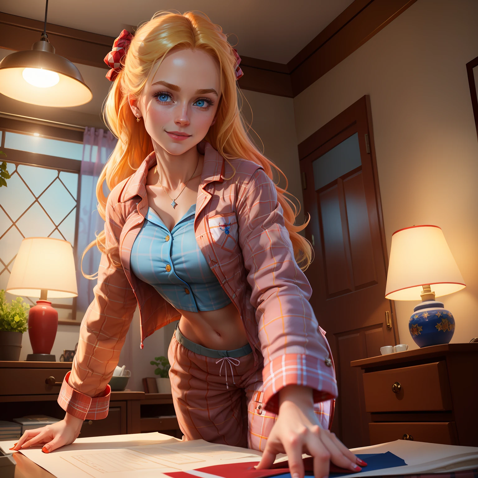Highly detailed RAW color Photo, beautiful blonde girl in long checkered red pajamas, dynamic pose, star makeup, big blue eyes, (wide hips), (detailed skin), (detailed lips), (detailed eyes), (home:1.4), (bedroom:1.1), (home setting) (detailed face), blonde, (curvy), (midriff_exposed:1.4), (smirking:1.5), (long_red_checkered_pajama_jacket:1.6), detailed eyes, chromatic aberration, depth of field, soft lighting, masterpiece, best quality, intricate, (lens flare:0.7), (bloom:0.7), (from_below:1.4), low angle, particle effects, raytracing, tone mapped, highly detailed, concept art, smooth, sharp focus, dramatic lighting, highly detailed artwork, cinematic, hyper realistic painting, trending on Artstation, 8K, incredible shadows, realistic, (highly detailed background:1.2), art by midjourney
