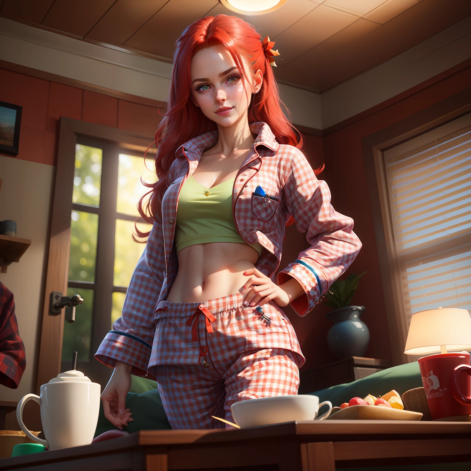 Highly detailed RAW color Photo, beautiful girl in long checkered red pajamas, two tone hair, dynamic pose, star makeup, big blue eyes, (wide hips), (detailed skin), (detailed lips), (detailed eyes), (home:1.4), (bedroom:1.1), (home setting) (detailed face), blonde, (curvy), (midriff_exposed:1.4), (smirking:1.5), (long_dark_red_checkered_pajama_jacket:1.6), detailed eyes, chromatic aberration, depth of field, soft lighting, masterpiece, best quality, intricate, (lens flare:0.7), (bloom:0.7), (from_below:1.4), low angle, particle effects, raytracing, tone mapped, highly detailed, concept art, smooth, sharp focus, dramatic lighting, highly detailed artwork, cinematic, hyper realistic painting, trending on Artstation, 8K, incredible shadows, realistic, (highly detailed background:1.2), art by midjourney