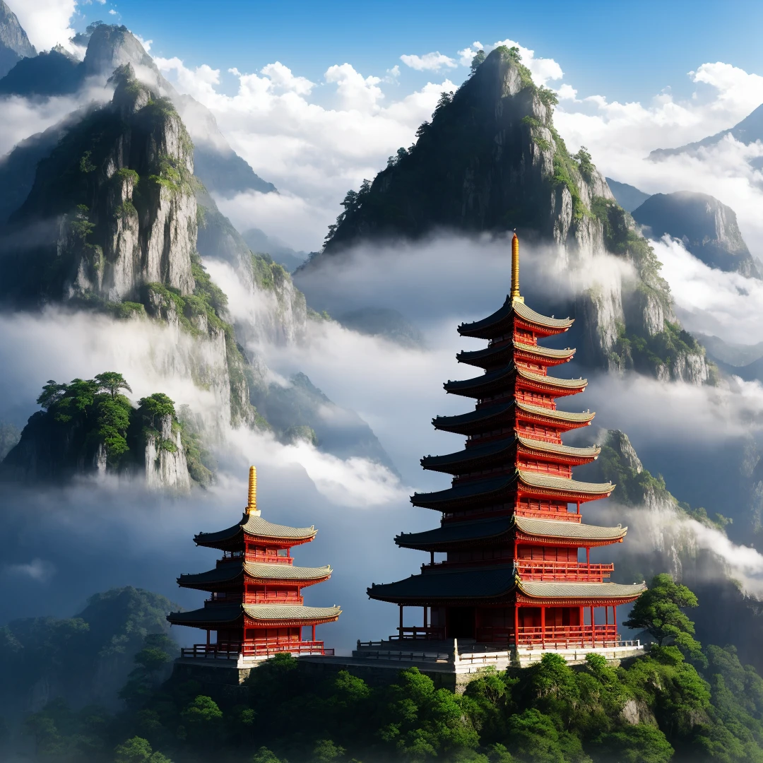 asian temple ruins settled along a fog-filled mountain with shrines and clouds