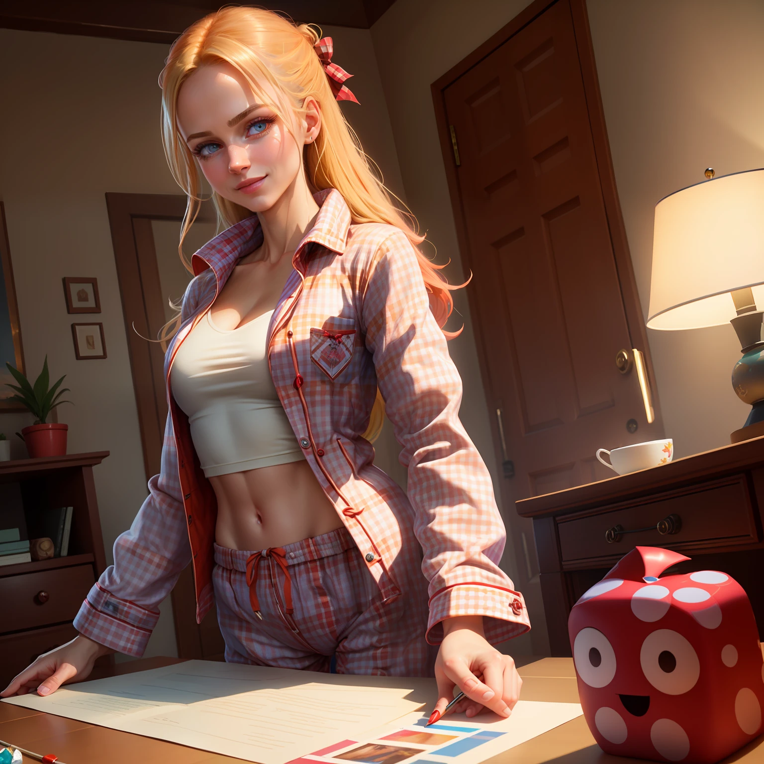 Highly detailed RAW color Photo, beautiful blonde girl in long checkered red pajamas, dynamic pose, star makeup, big blue eyes, (wide hips), (detailed skin), (detailed lips), (detailed eyes), (home:1.4), (bedroom:1.1), (home setting) (detailed face), blonde, abs, muscles, (curvy), (midriff_exposed:1.4), (smirking:1.5), (long_red_checkered_pajama_jacket:1.6), detailed eyes, chromatic aberration, depth of field, soft lighting, masterpiece, best quality, intricate, (lens flare:0.7), (bloom:0.7), (from_below:1.4), low angle, particle effects, raytracing, tone mapped, highly detailed, concept art, smooth, sharp focus, dramatic lighting, highly detailed artwork, cinematic, hyper realistic painting, trending on Artstation, 8K, incredible shadows, realistic, (highly detailed background:1.2), art by midjourney