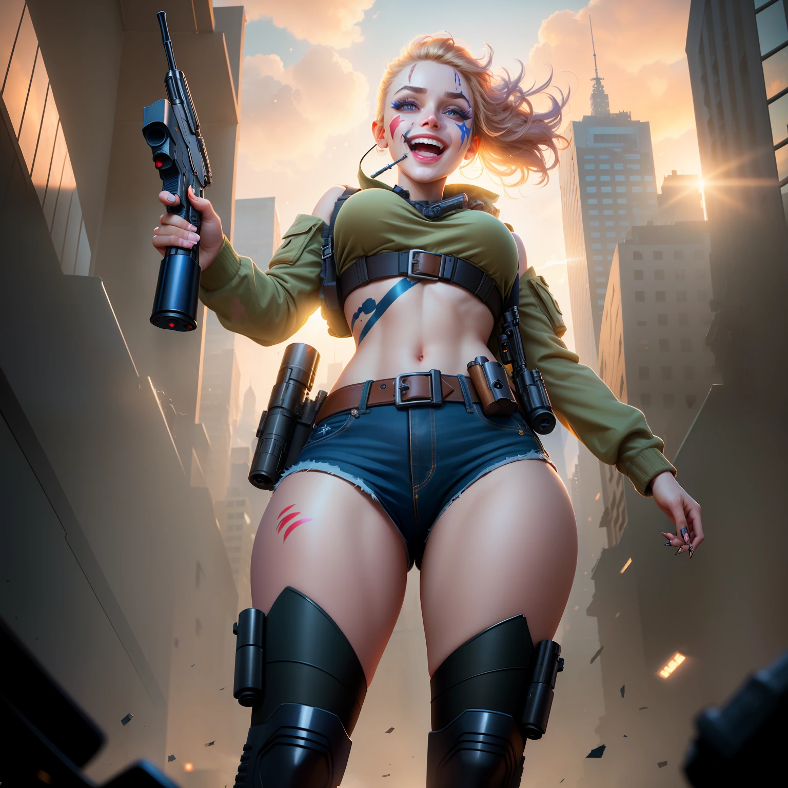 Highly detailed RAW color Photo, beautiful young solider girl, (wide hips), (detailed skin), (detailed lips), (detailed eyes), (city:1.4), smoke, (destroyed city setting) (detailed face), blonde, (curvy), scars, gun, (pointing_gun_to_viewer:1.7), gun barrel, damaged clothes, (laughing:1.5), detailed eyes, chromatic aberration, depth of field, soft lighting, holding a gun in her hand and pointing it at the camera, holding a gun, holding gun, holding gun down, shooting pose, brandishing a gun, shooting a gun, with a gun, holding handgun, masterpiece, black warpaint, (face_paint:1.2), best quality, intricate, (bloom:0.7), (from below:1.8), low angle, particle effects, raytracing, tone mapped, highly detailed, concept art, smooth, sharp focus, dramatic lighting, highly detailed artwork, cinematic, hyper realistic painting, trending on Artstation, 8K, incredible shadows, realistic, (highly detailed background:1.2), art by midjourney