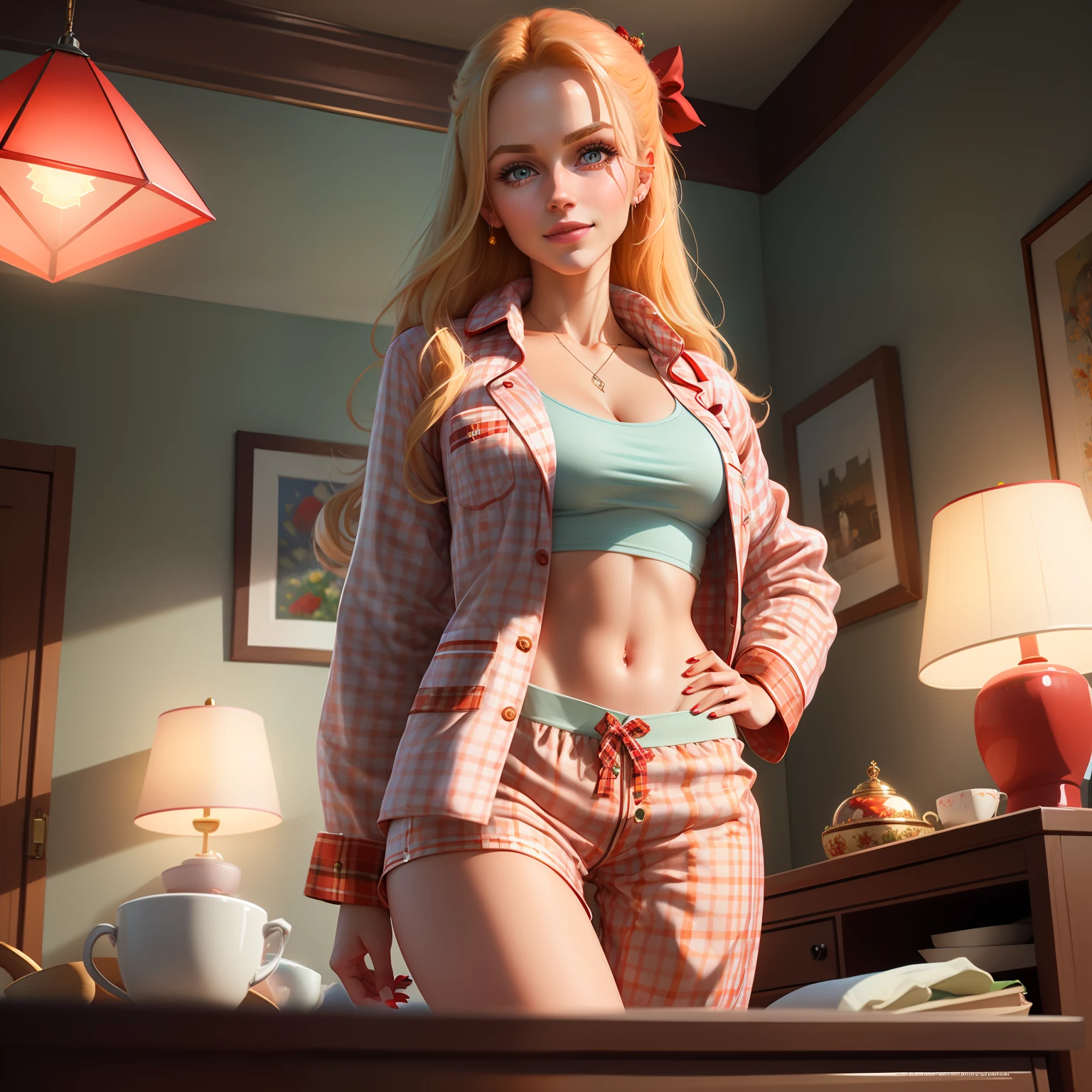 Highly detailed RAW color Photo, beautiful blonde woman in long checkered red pajamas, dynamic pose, star makeup, big blue eyes, (wide hips), (detailed skin), (detailed lips), (detailed eyes), (home:1.4), (bedroom:1.1), (home setting) (detailed face), blonde, (curvy), (midriff_exposed:1.4), (smirking:1.5), (long_red_checkered_pajama_jacket:1.6), detailed eyes, chromatic aberration, depth of field, soft lighting, masterpiece, best quality, intricate, (lens flare:0.7), (bloom:0.7), (from_below:1.4), low angle, particle effects, raytracing, tone mapped, highly detailed, concept art, smooth, sharp focus, dramatic lighting, highly detailed artwork, cinematic, hyper realistic painting, trending on Artstation, 8K, incredible shadows, realistic, (highly detailed background:1.2), art by midjourney