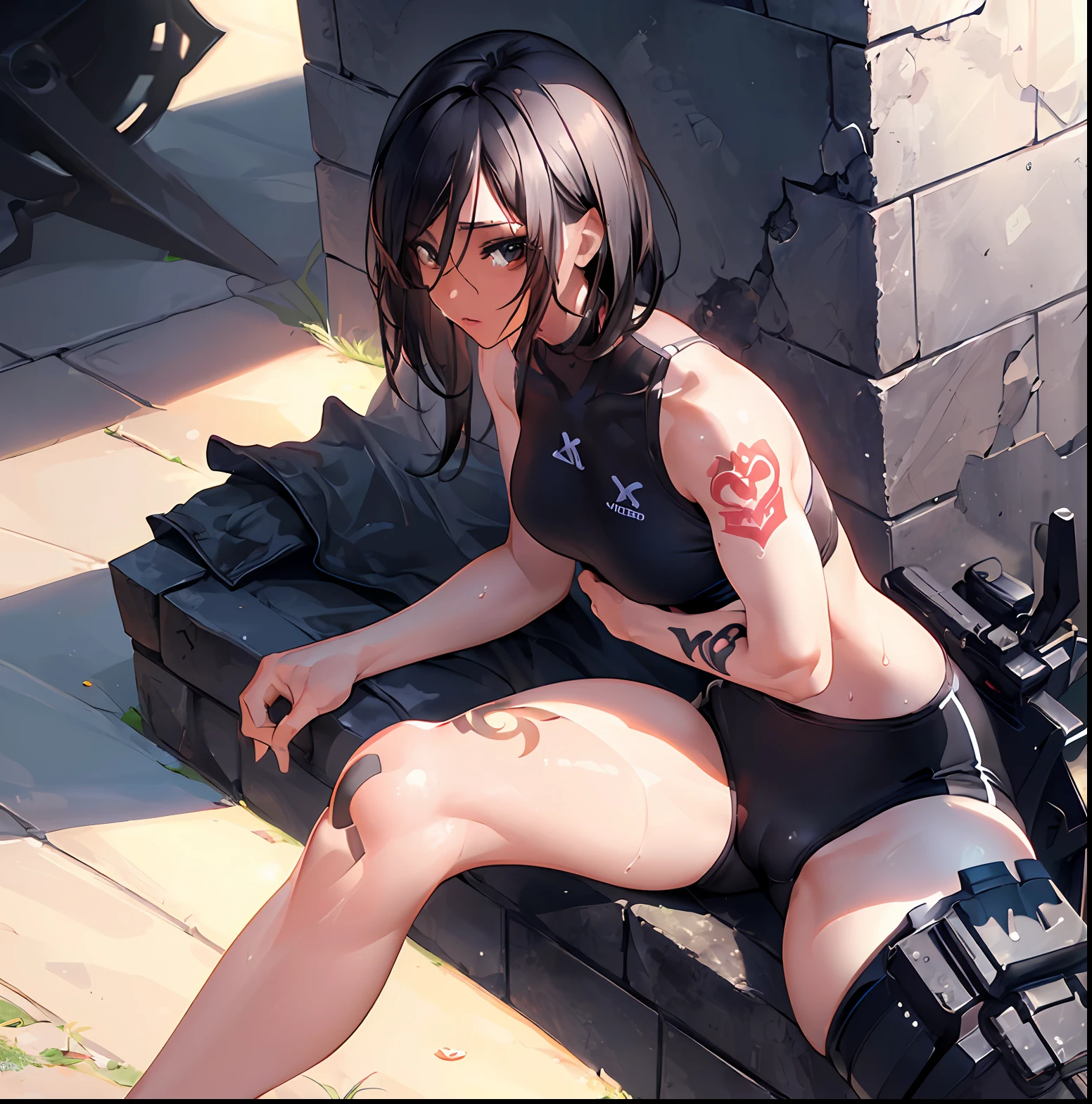 (((one girl))), famous song, dark skin, athlete, face tattoo, thigh tattoo, lots of tattoos, very good anime art, raytracing, composition, dynamic, sitting with legs apart, camera Glance, face close-up, X movie angle, spread legs, crotch show, arch pose, beautiful face, beautiful skin, firm abs, slender, (dazzling sunshine)), [Real] ([Details] Background (sunny ground), ((black hair s short)))), wet training wear, knee pads, see-through breasts, short spats, underwear, half-naked, slender, showing underwear, sweat, inviting gaze