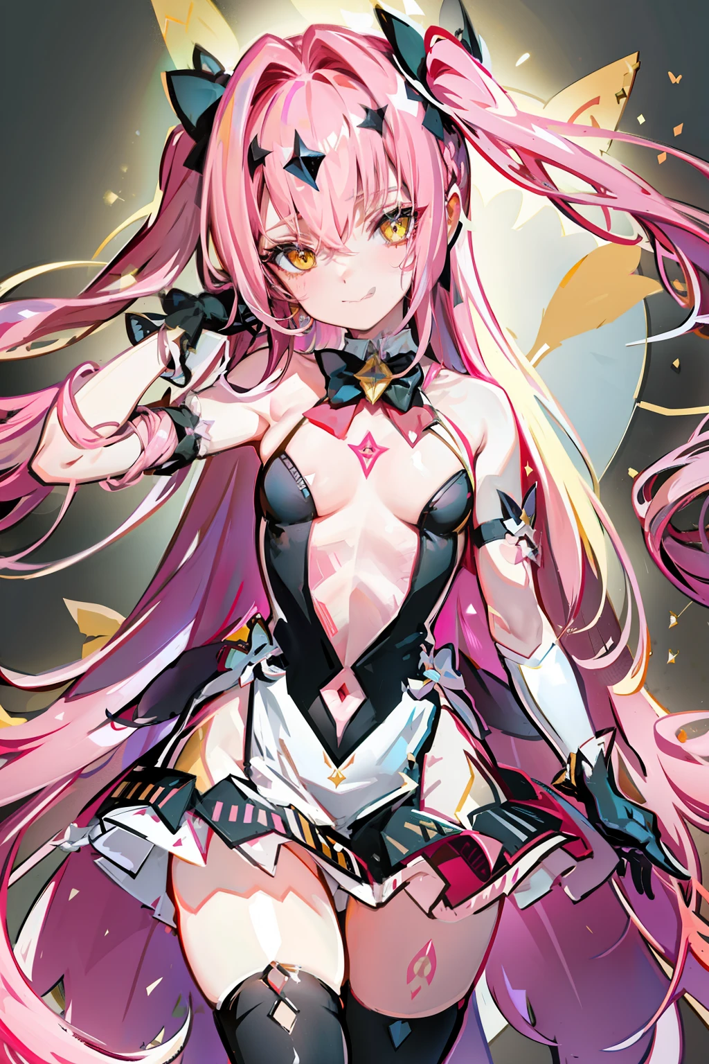 masterpiece, best quality, dstomoca, pink hair, very long hair, two side up, yellow eyes, small breasts, star hair ornament, hair bow, dress, bowtie, gloves, center cutout, single thighhighs