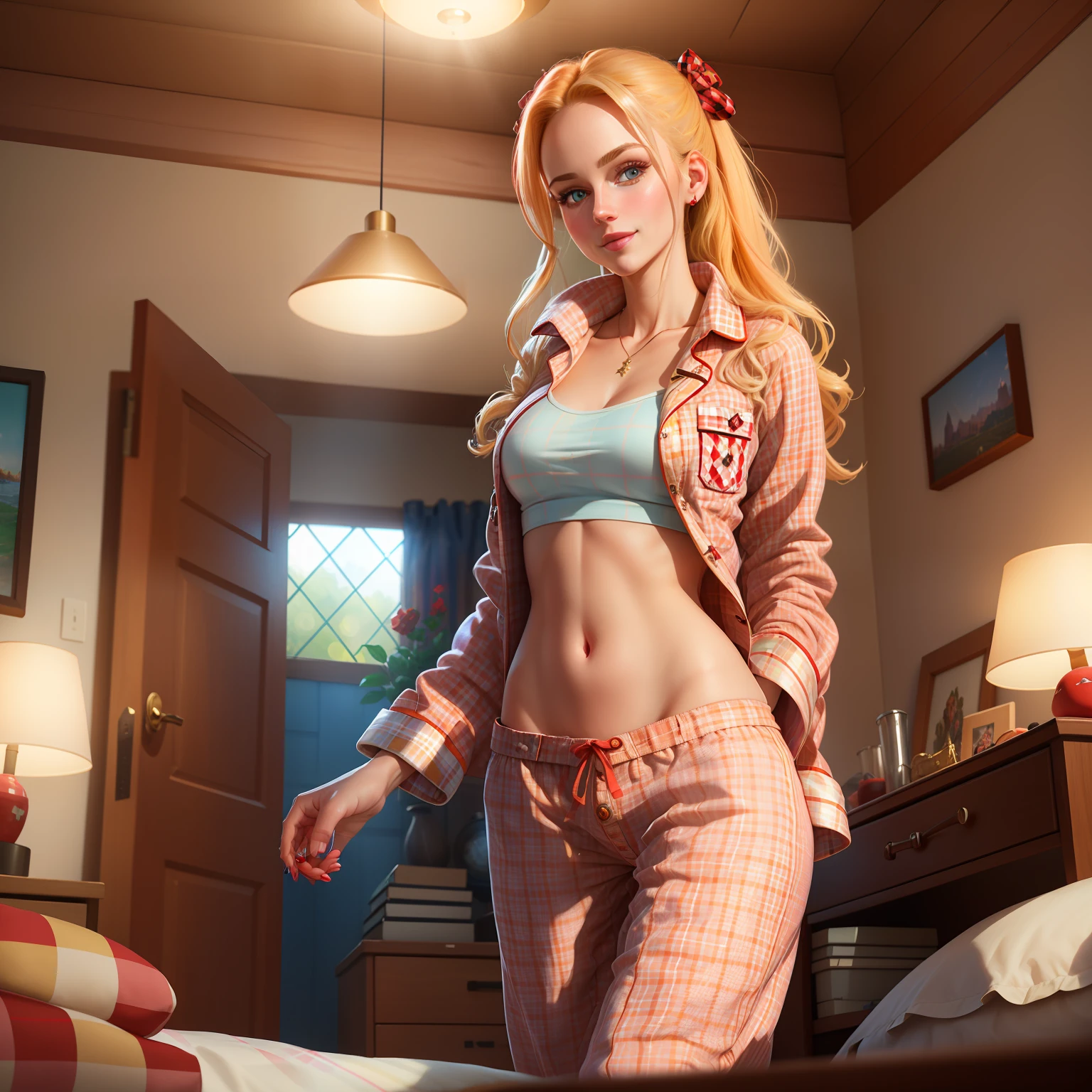 Highly detailed RAW color Photo, beautiful blonde woman in long checkered red pajamas, dynamic pose, star makeup, big blue eyes, (wide hips), (detailed skin), (detailed lips), (detailed eyes), (home:1.4), (bedroom:1.1), (home setting) (detailed face), blonde, (curvy), (midriff_exposed:1.4), (smirking:1.5), (long_red_checkered_pajama_jacket:1.6), detailed eyes, chromatic aberration, depth of field, soft lighting, masterpiece, best quality, intricate, (lens flare:0.7), (bloom:0.7), (from_below:1.4), low angle, particle effects, raytracing, tone mapped, highly detailed, concept art, smooth, sharp focus, dramatic lighting, highly detailed artwork, cinematic, hyper realistic painting, trending on Artstation, 8K, incredible shadows, realistic, (highly detailed background:1.2), art by midjourney