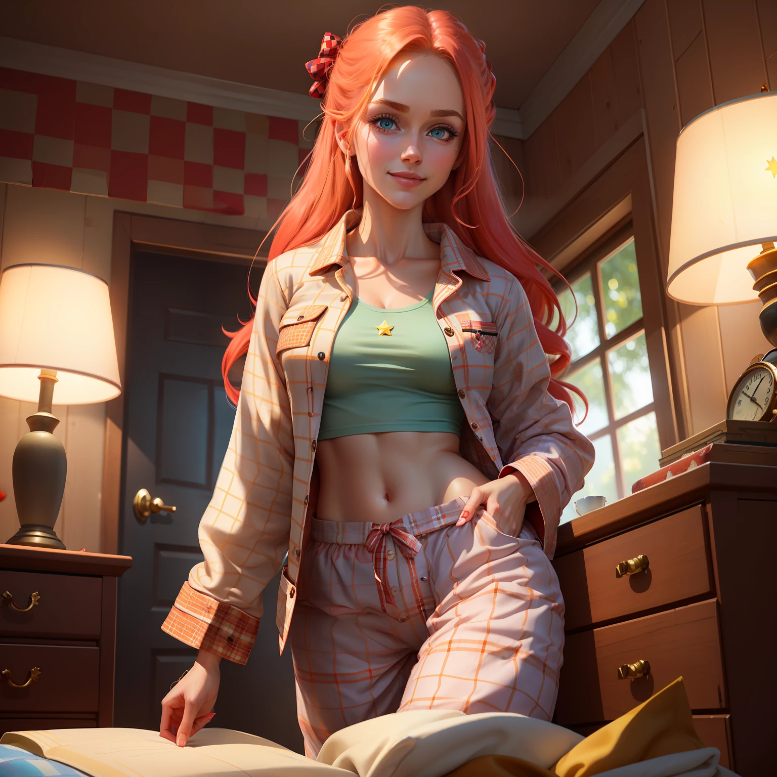 Highly detailed RAW color Photo, beautiful blonde woman in long checkered red pajamas, dynamic pose, star makeup, big blue eyes, (wide hips), (detailed skin), (detailed lips), (detailed eyes), (home:1.4), (bedroom:1.1), (home setting) (detailed face), blonde, (curvy), (midriff_exposed:1.4), (smirking:1.5), (long_red_checkered_pajama_jacket:1.6), detailed eyes, chromatic aberration, depth of field, soft lighting, masterpiece, best quality, intricate, (lens flare:0.7), (bloom:0.7), (from_below:1.4), low angle, particle effects, raytracing, tone mapped, highly detailed, concept art, smooth, sharp focus, dramatic lighting, highly detailed artwork, cinematic, hyper realistic painting, trending on Artstation, 8K, incredible shadows, realistic, (highly detailed background:1.2), art by midjourney