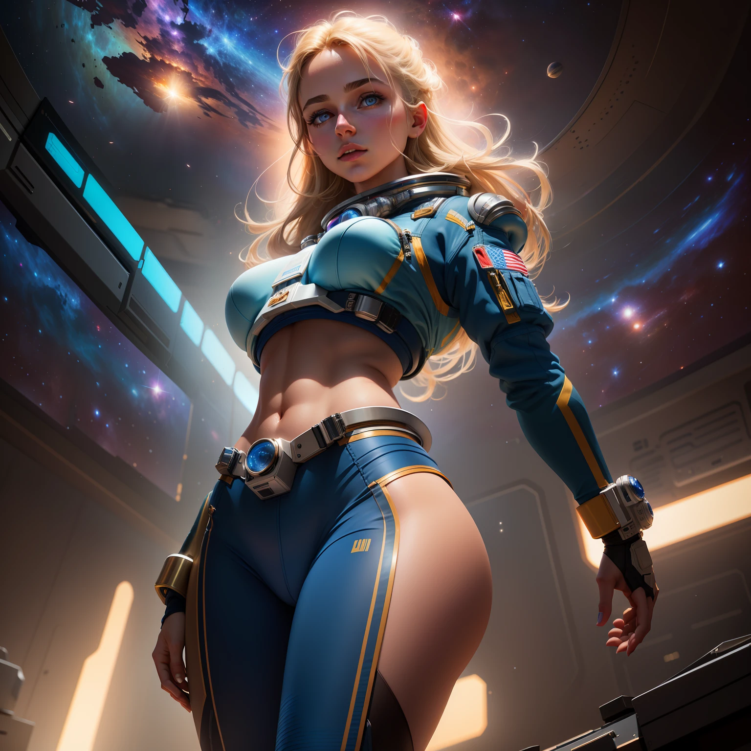 Highly detailed RAW color Photo, beautiful young girl in space suit, (wide hips), (detailed skin), (detailed lips), (detailed eyes), (space:1.4), smoke, (space setting) (detailed face), blonde, (curvy), midriff exposed, detailed eyes, chromatic aberration, depth of field, soft lighting, masterpiece, best quality, intricate, (bloom:0.7), (from below:1.4), low angle, particle effects, raytracing, tone mapped, highly detailed, concept art, smooth, sharp focus, dramatic lighting, highly detailed artwork, cinematic, hyper realistic painting, trending on Artstation, 8K, incredible shadows, realistic, (highly detailed background:1.2), art by midjourney