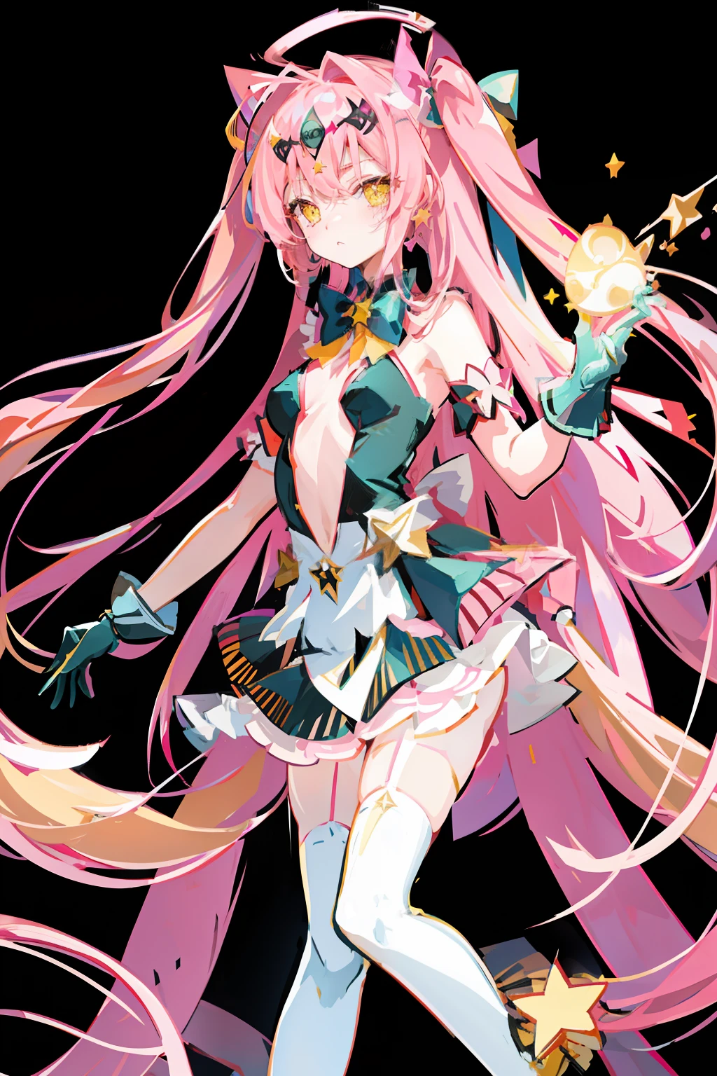 masterpiece, best quality, dstomoca, pink hair, very long hair, two side up, yellow eyes, small breasts, star hair ornament, hair bow, dress, bowtie, gloves, center cutout, single thighhighs