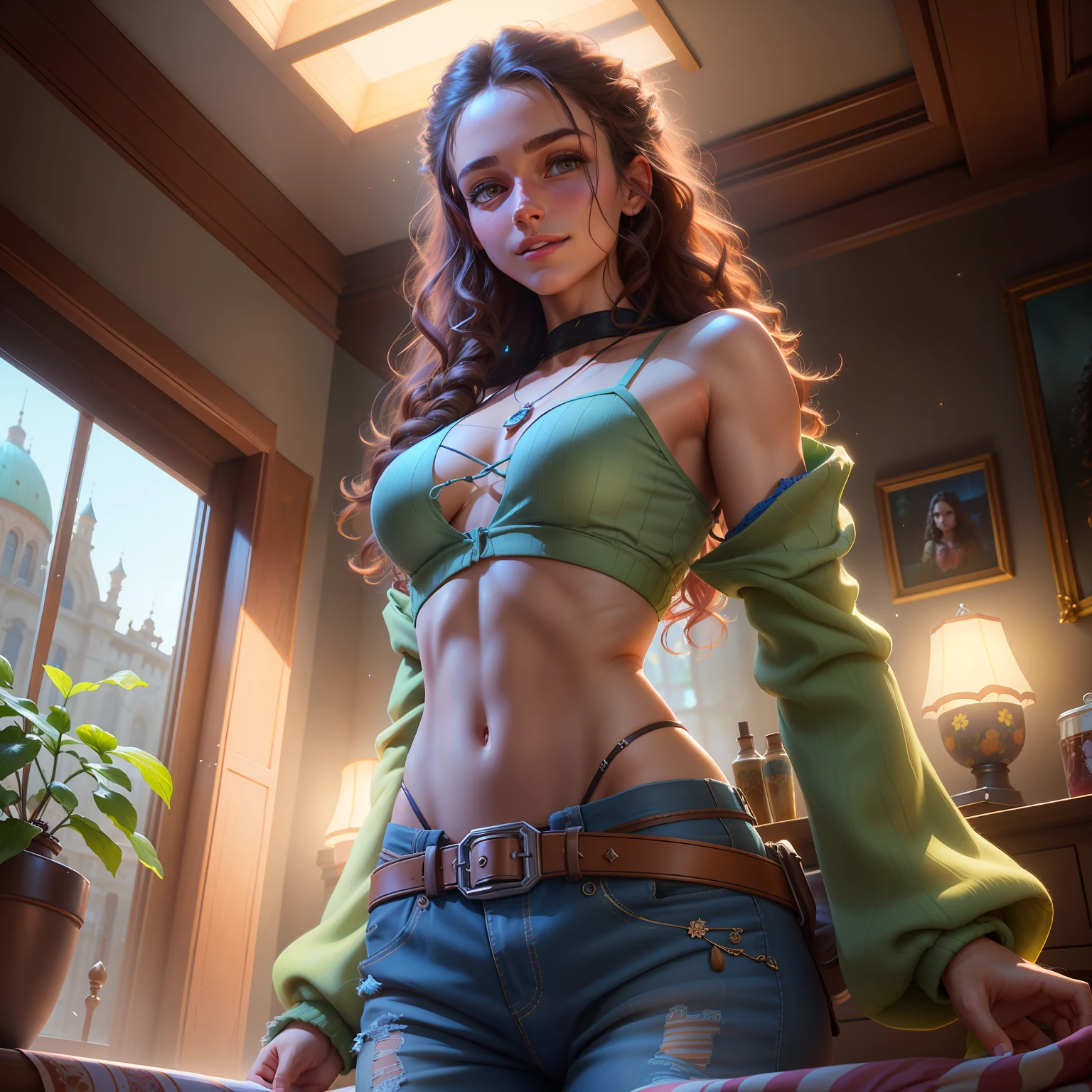Highly detailed RAW color Photo, beautiful young brunette, baggy clothes, hippie, long curly hair, dynamic pose, (wide hips), (detailed skin), abs, (detailed lips), (detailed eyes), (room:1.4), (detailed face), (curvy), midriff exposed, (smirking:1.5), detailed eyes, chromatic aberration, depth of field, soft lighting, masterpiece, psychadelic, best quality, intricate, (bloom:0.7), (from below:1.3), low angle, particle effects, raytracing, tone mapped, highly detailed, concept art, smooth, sharp focus, dramatic lighting, highly detailed artwork, cinematic, hyper realistic painting, trending on Artstation, 8K, incredible shadows, realistic, (highly detailed background:1.2), art by midjourney