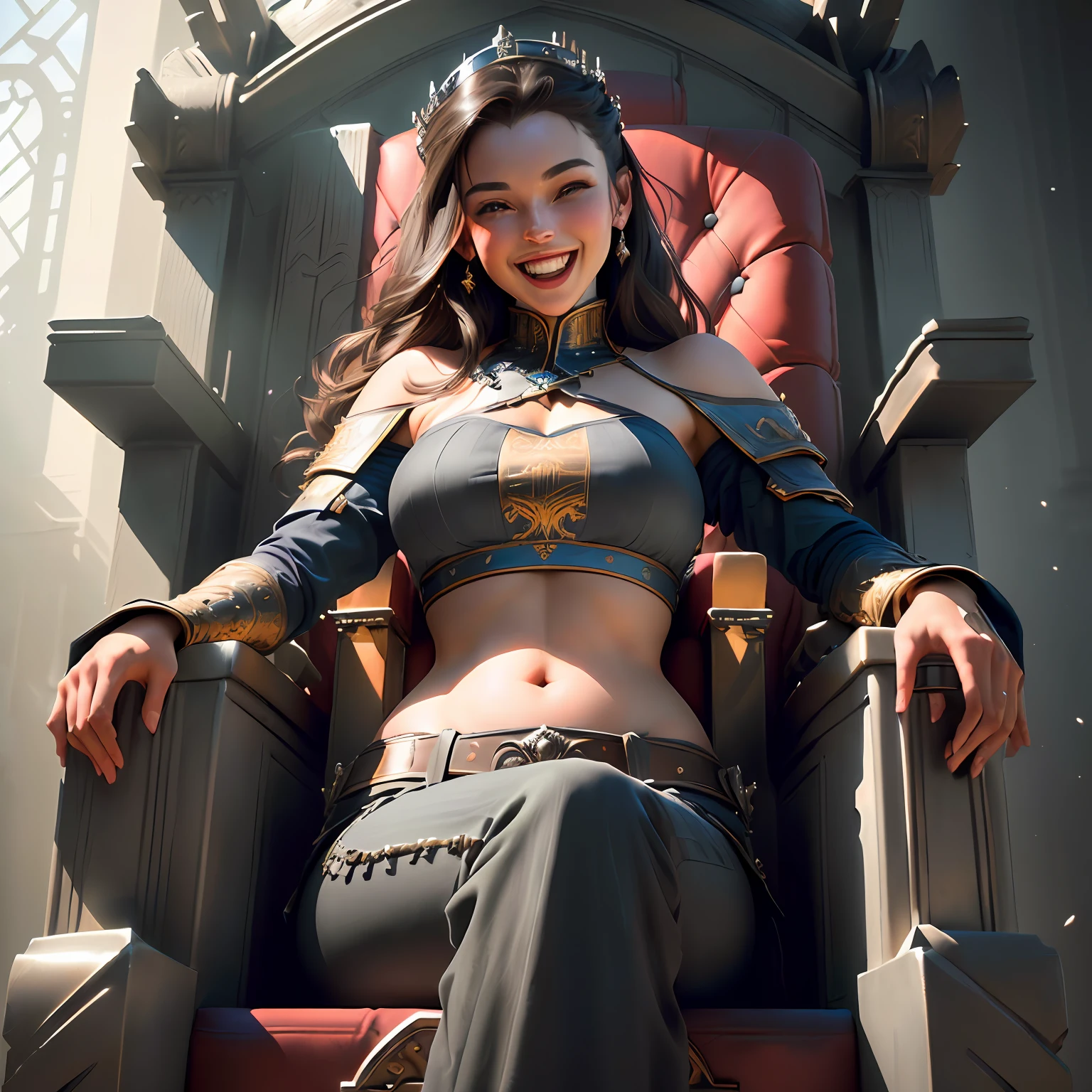 Highly detailed RAW color Photo, woman sitting on throne, grey croptop, cargo pants, laughing, (wide hips), (detailed skin), (detailed lips), (detailed eyes), (throne_room:1.4), (detailed face), brunette, (curvy), midriff exposed, (laughing:1.5), detailed eyes, chromatic aberration, depth of field, soft lighting, masterpiece, best quality, intricate, (bloom:0.7), (from below:1.3), low angle, particle effects, raytracing, tone mapped, highly detailed, concept art, smooth, sharp focus, dramatic lighting, highly detailed artwork, cinematic, hyper realistic painting, trending on Artstation, 8K, incredible shadows, realistic, (highly detailed background:1.2), art by midjourney
