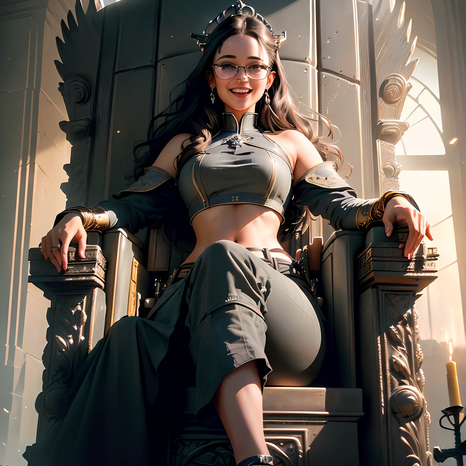 Highly detailed RAW color Photo, woman sitting on throne, grey croptop, black cargo pants, glasses, laughing, (wide hips), (detailed skin), (detailed lips), (detailed eyes), (throne_room:1.4), (detailed face), brunette, (curvy), midriff exposed, (laughing:1.2), detailed eyes, chromatic aberration, depth of field, soft lighting, masterpiece, best quality, intricate, (bloom:0.7), (from below:1.3), low angle, particle effects, raytracing, tone mapped, highly detailed, concept art, smooth, sharp focus, dramatic lighting, highly detailed artwork, cinematic, hyper realistic painting, trending on Artstation, 8K, incredible shadows, realistic, (highly detailed background:1.2), art by midjourney