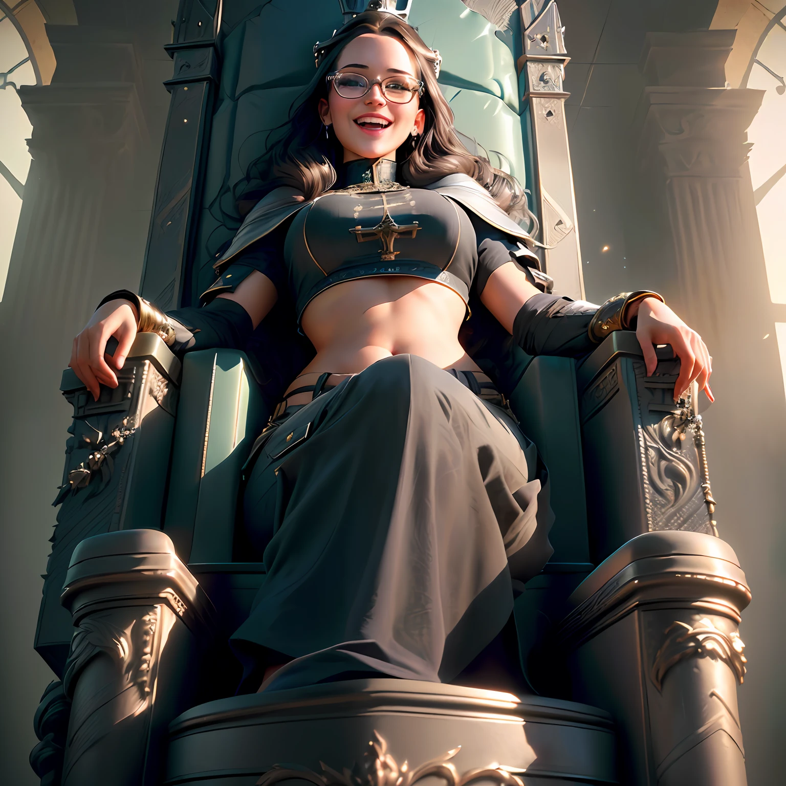 Highly detailed RAW color Photo, woman sitting on throne, grey crop top, black cargo pants, glasses, egirl makeup, laughing, (wide hips), (detailed skin), (detailed lips), (detailed eyes), (throne_room:1.4), (detailed face), brunette, (curvy), midriff exposed, (laughing:1.2), detailed eyes, chromatic aberration, depth of field, soft lighting, masterpiece, best quality, intricate, (bloom:0.7), (from below:1.3), low angle, particle effects, raytracing, tone mapped, highly detailed, concept art, smooth, sharp focus, dramatic lighting, highly detailed artwork, cinematic, hyper realistic painting, trending on Artstation, 8K, incredible shadows, realistic, (highly detailed background:1.2), art by midjourney