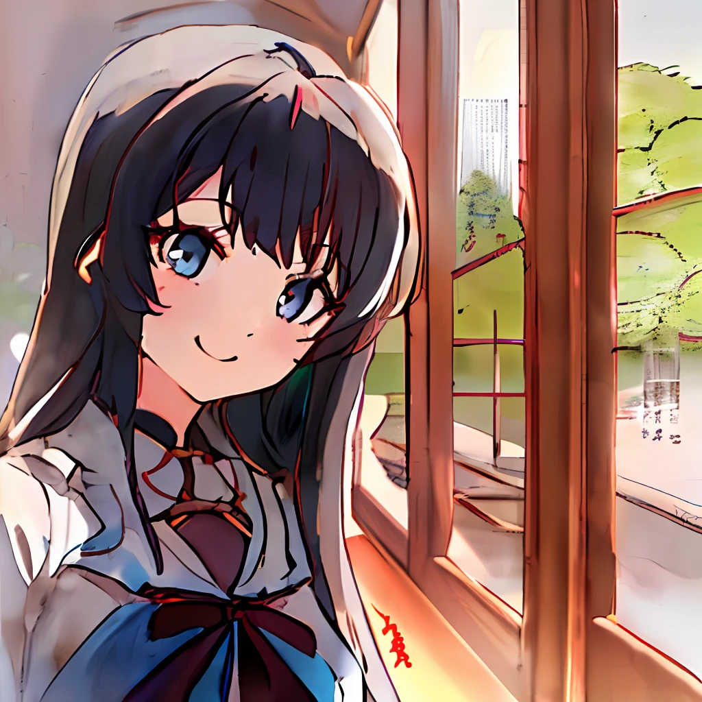 (Masterpiece) Best quality illustration of a stunning, ((solo)) girl with (long hair), (blue eyes) and a captivating smile. she has a (black hair) frames her face beautifully, and she resembles the charming and elegant (Sakurajima Mai)