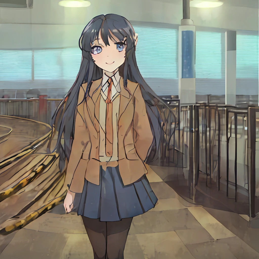 (Masterpiece) Best quality illustration of a stunning, ((solo)) girl with (long hair), (blue eyes) and a captivating smile. she has a (black hair) frames her face beautifully, and she resembles the charming and elegant (Sakurajima Mai)