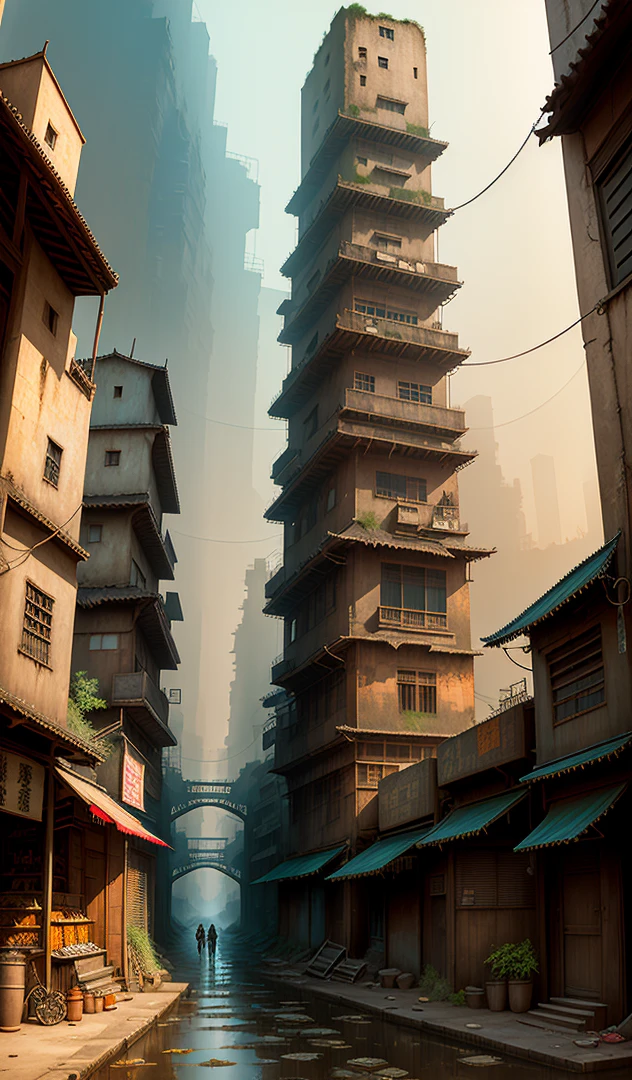 ((masterpiece)),((best quality)),((high detial)),((realistic,)) Industrial wasteland city, deep valley in the middle, architectural streets, bazaars, bridges, rainy days, steampunk, ancient Chinese architecture