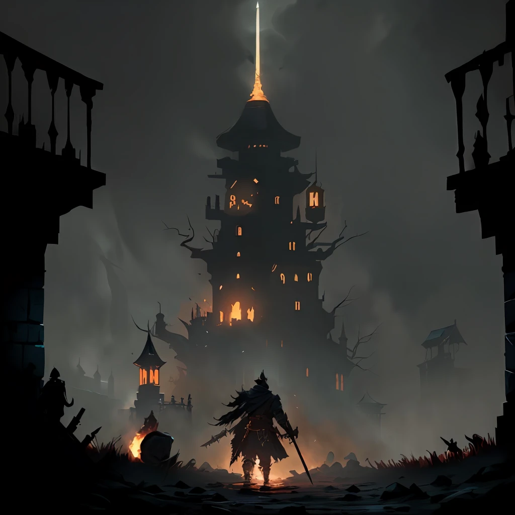 a man standing in front of a castle with a sword, painted as a game concept art, inspired by Andreas Rocha, andreas rocha style, indie game concept art, concept art wallpaper 4k, art for the game, darkest dungeon art style, from vermintide 2 video game, sekiro in bloodborne world, dark concept art