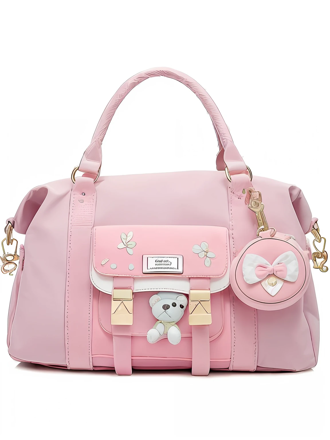 1. araffe pink and pink handbag with a white teddy bear on it, pastel colors only, (pink colors), soft cute colors, cute huge pockets hardware, ddlc, in pastel colors, with soft pink colors, school bag, handbag, pink pastel, designed for cozy aesthetics!, lovely pastel colors, kawaii aesthetic, pastel color, candy pastel, pastel'.
2. araffe pink and pink handbag with a white teddy bear on it, a pastel inspired by Peter Alexander Hay, shutterstock, art nouveau, pastel colors only, (pink colors), soft cute colors, cute huge pockets hardware, ddlc, in pastel colors, with soft pink colors, school bag, handbag, pink pastel, designed for cozy aesthetics!, lovely pastel colors.