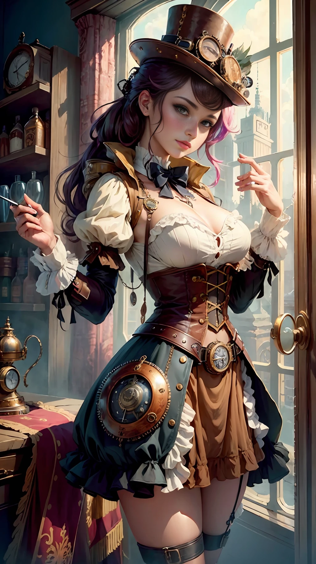 (masterpiece, top quality, best quality, official art, beautiful and aesthetic:1.2), (1girl:1.3), extreme detailed,(Steampunk:1.2),colorful,highest detailed