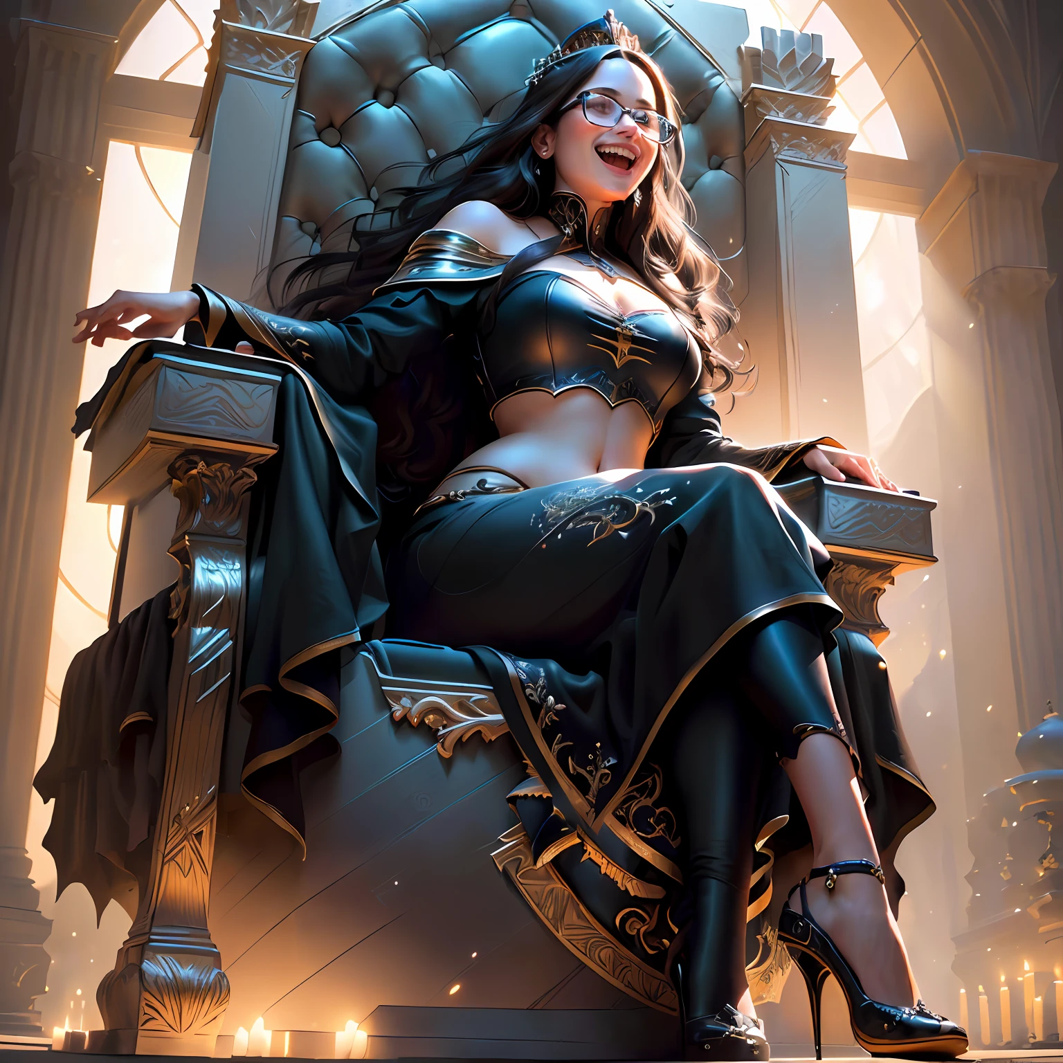 Highly detailed RAW color Photo, woman sitting on throne, black dress, high heels, glasses, laughing, (wide hips), (detailed skin), (detailed lips), (detailed eyes), (throne_room:1.4), (detailed face), brunette, (curvy), midriff exposed, (laughing:1.2), detailed eyes, chromatic aberration, depth of field, soft lighting, masterpiece, best quality, intricate, (bloom:0.7), (from below:1.3), low angle, particle effects, raytracing, tone mapped, highly detailed, concept art, smooth, sharp focus, dramatic lighting, highly detailed artwork, cinematic, hyper realistic painting, trending on Artstation, 8K, incredible shadows, realistic, (highly detailed background:1.2), art by midjourney