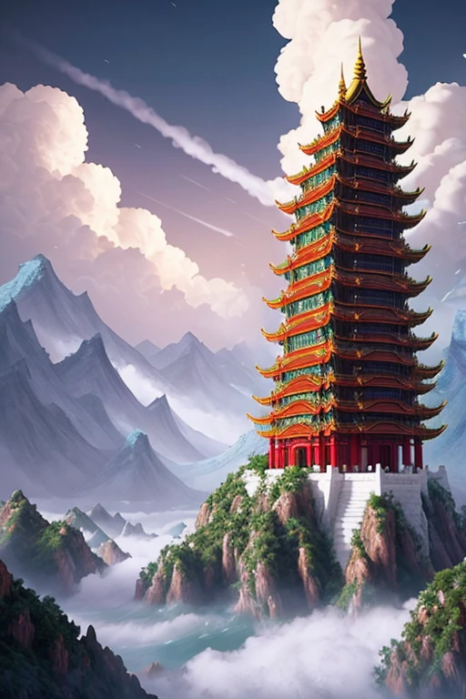 Fantasy concept art, a high mountain surrounded by white clouds, there are twelve Chinese jade buildings with different styles on the mountain (golden eaves, vermilion exterior walls, blue colored curtains), the left side of the jade building is a long strip of pool, the right Scattered streams in ribbons, stormy waves down the mountain, beautiful lighting decoration, wide angle shot, 8k octane rendering, realistic, epic shot, cinematic lighting, detailed buildings, detailed fish