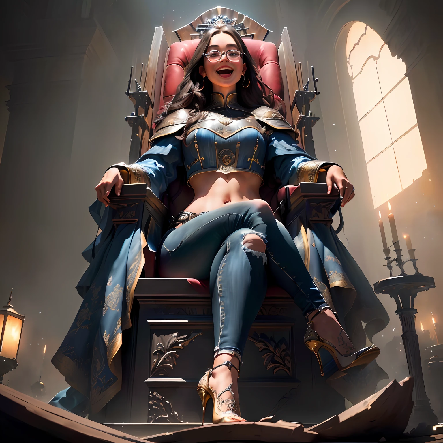 Highly detailed RAW color Photo, woman sitting on throne, crop top, jeans, high heels, glasses, laughing, (wide hips), (detailed skin), (detailed lips), (detailed eyes), (throne_room:1.4), (detailed face), brunette, (curvy), (laughing:1.2), detailed eyes, chromatic aberration, depth of field, soft lighting, masterpiece, best quality, intricate, (bloom:0.7), (from below:1.3), low angle, particle effects, raytracing, tone mapped, highly detailed, concept art, smooth, sharp focus, dramatic lighting, highly detailed artwork, cinematic, hyper realistic painting, trending on Artstation, 8K, incredible shadows, realistic, (highly detailed background:1.2), art by midjourney