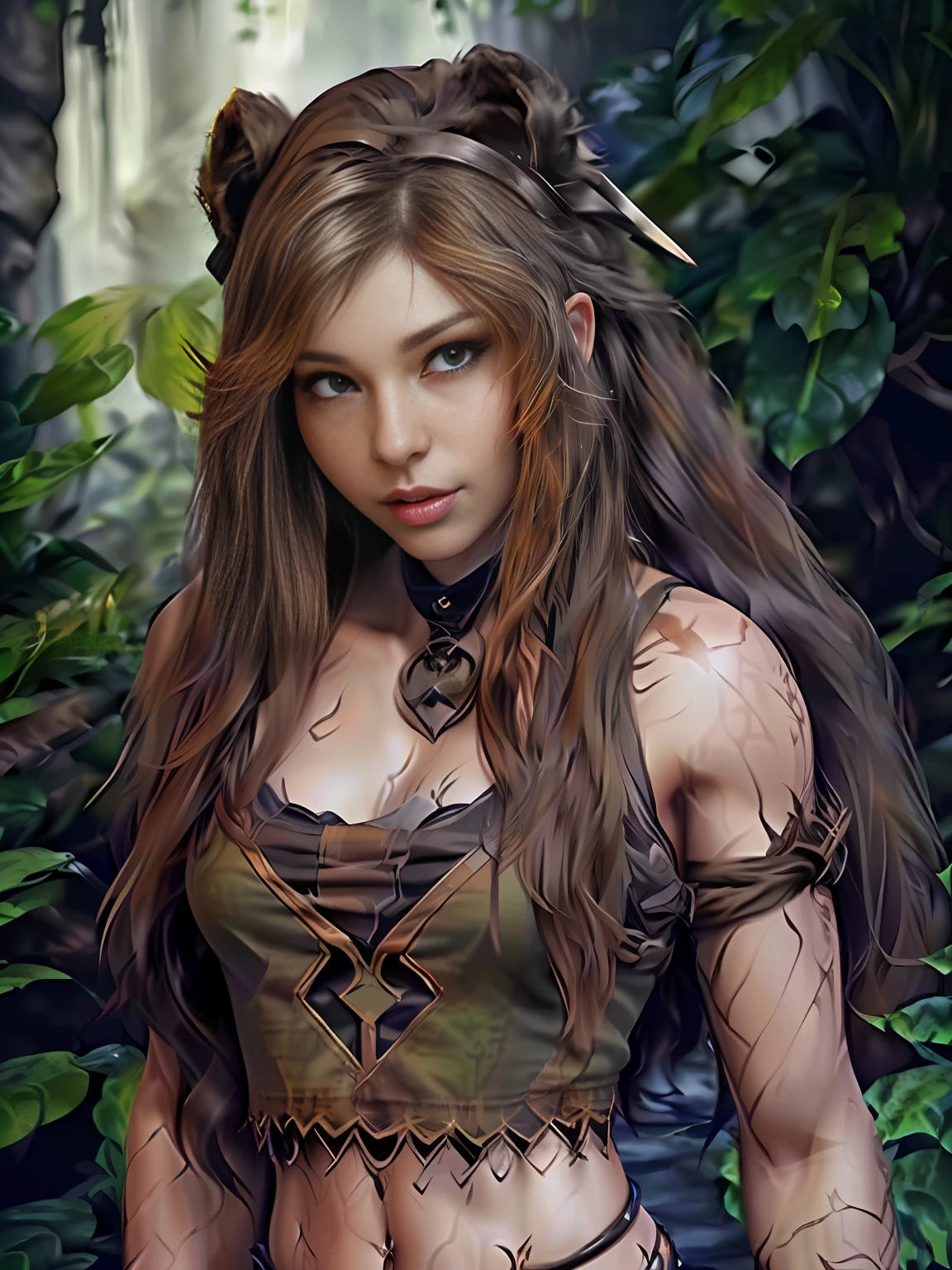 half body angle,cave background,chiaroscuro lighting, Rembrandt lighting, female hunter, exposed midriff, Wearing jungle clothing, with totem painted on face and arms, brown long hair, appropriate muscle definition,set on the ground, heroic posture, realistic style,(8k, RAW photo, best quality, masterpiece:1.2), (realistic:1.3), (real skin details:1.3),(photorealistic:1.3), detailed facial features, ultra-detailed, Masterpiece, realistic lighting, best quality, masterpiece,best quality,extremely detailed CG unity 8k wallpaper,on artstation